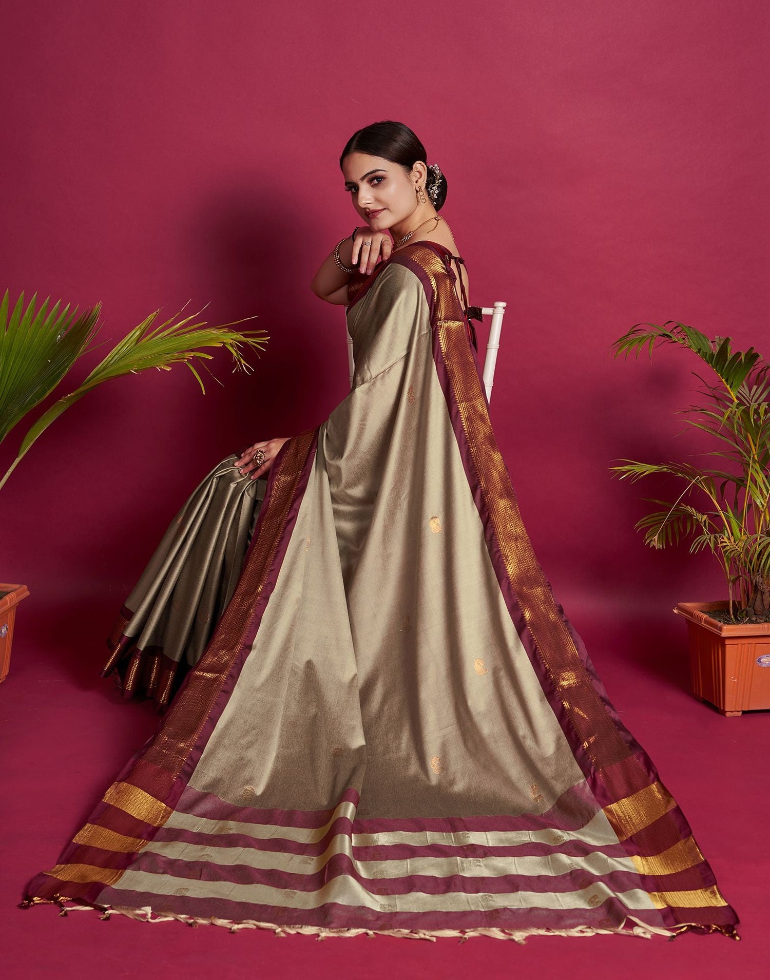 Beige Jacquard Silk Saree