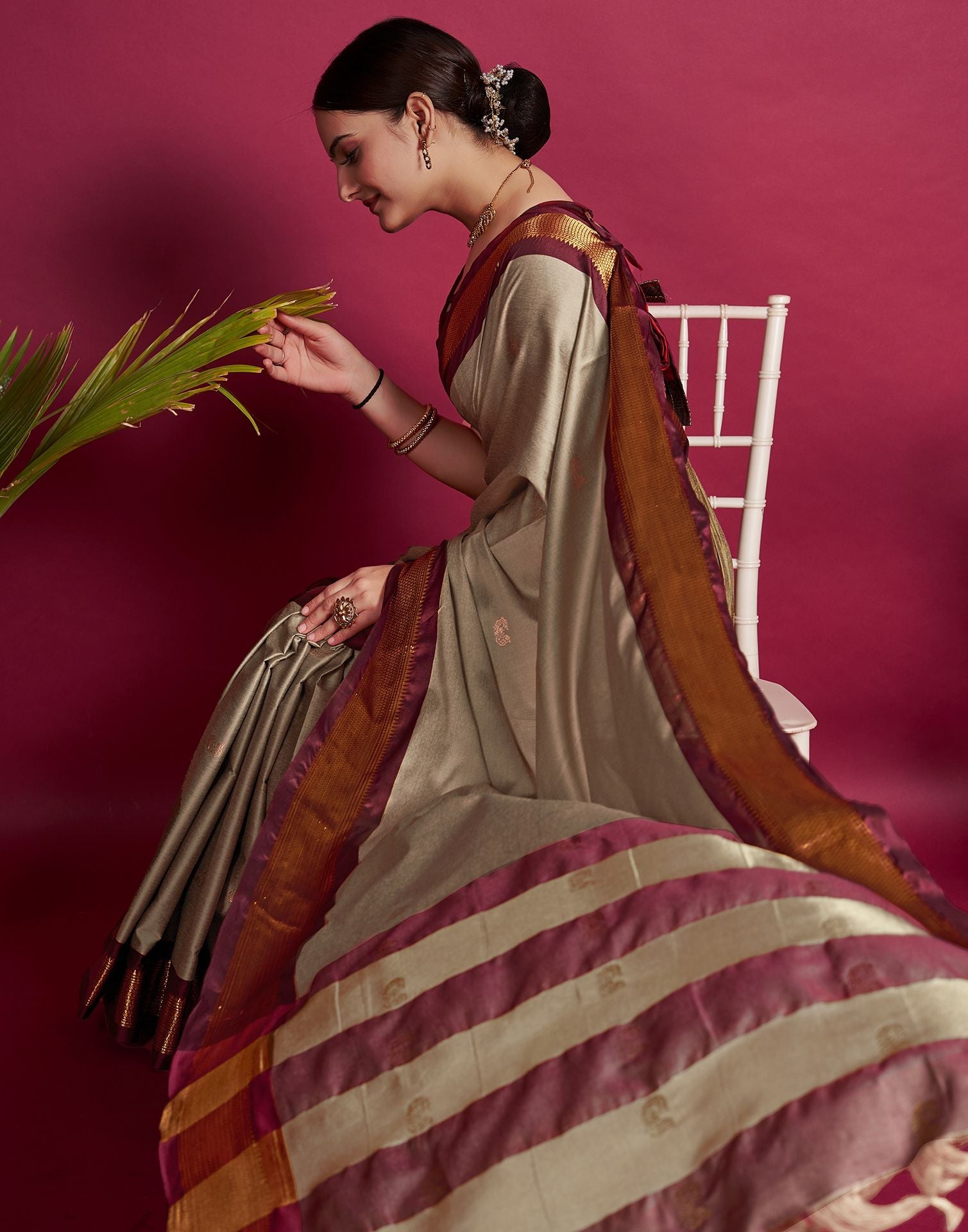 Beige Jacquard Silk Saree