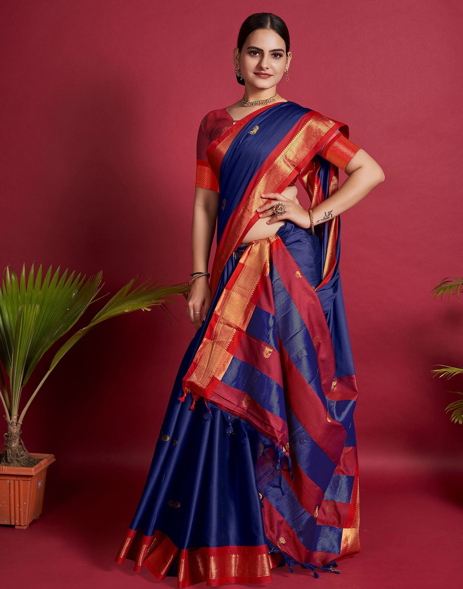 Dark Blue Jacquard Silk Saree