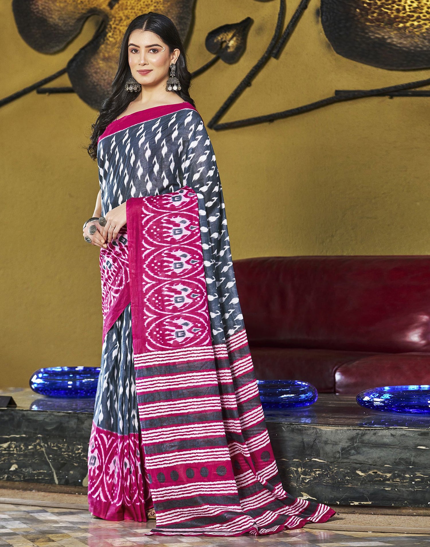 Ready to Wear Grey Printed &amp; Multicoloured Cotton Saree