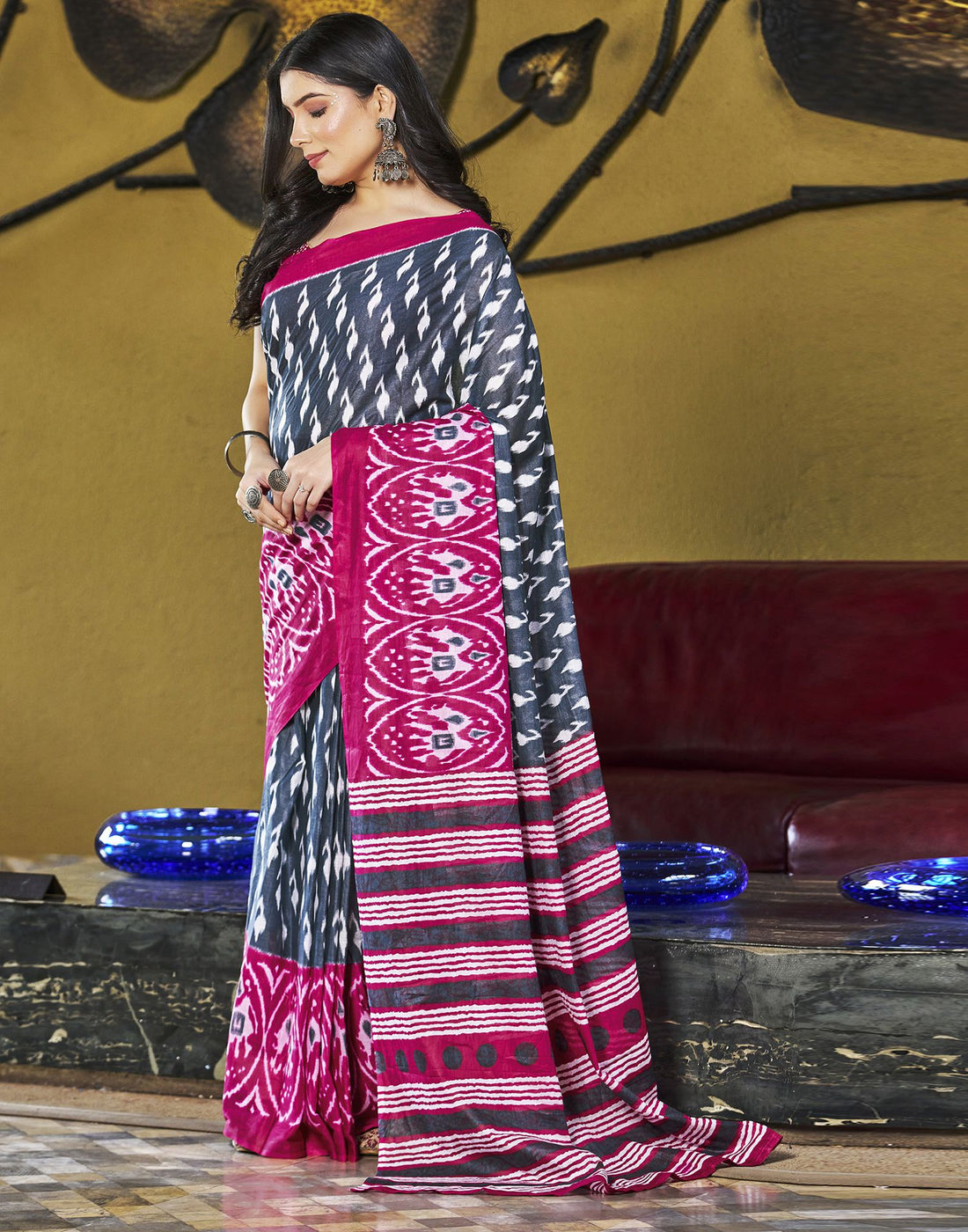 Ready to Wear Grey Printed &amp; Multicoloured Cotton Saree