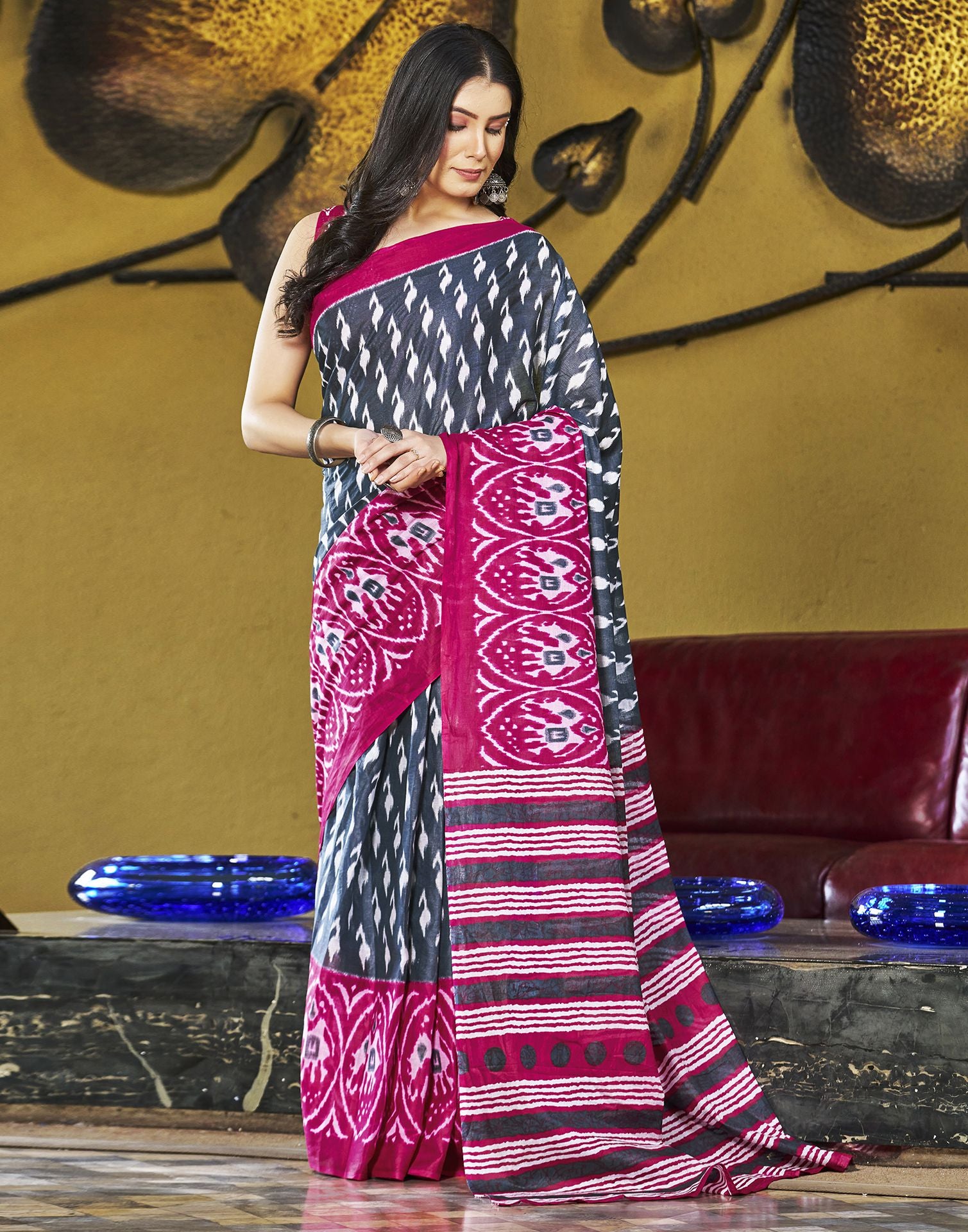 Ready to Wear Grey Printed &amp; Multicoloured Cotton Saree