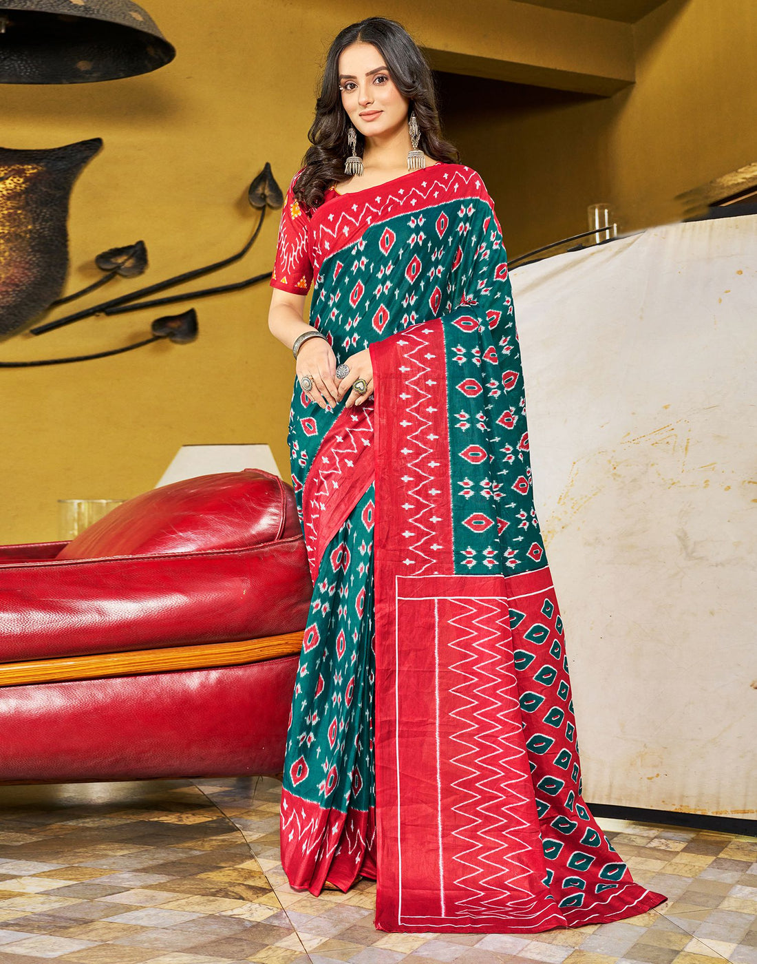 Ready to Wear Dull Rama Printed Cotton Saree