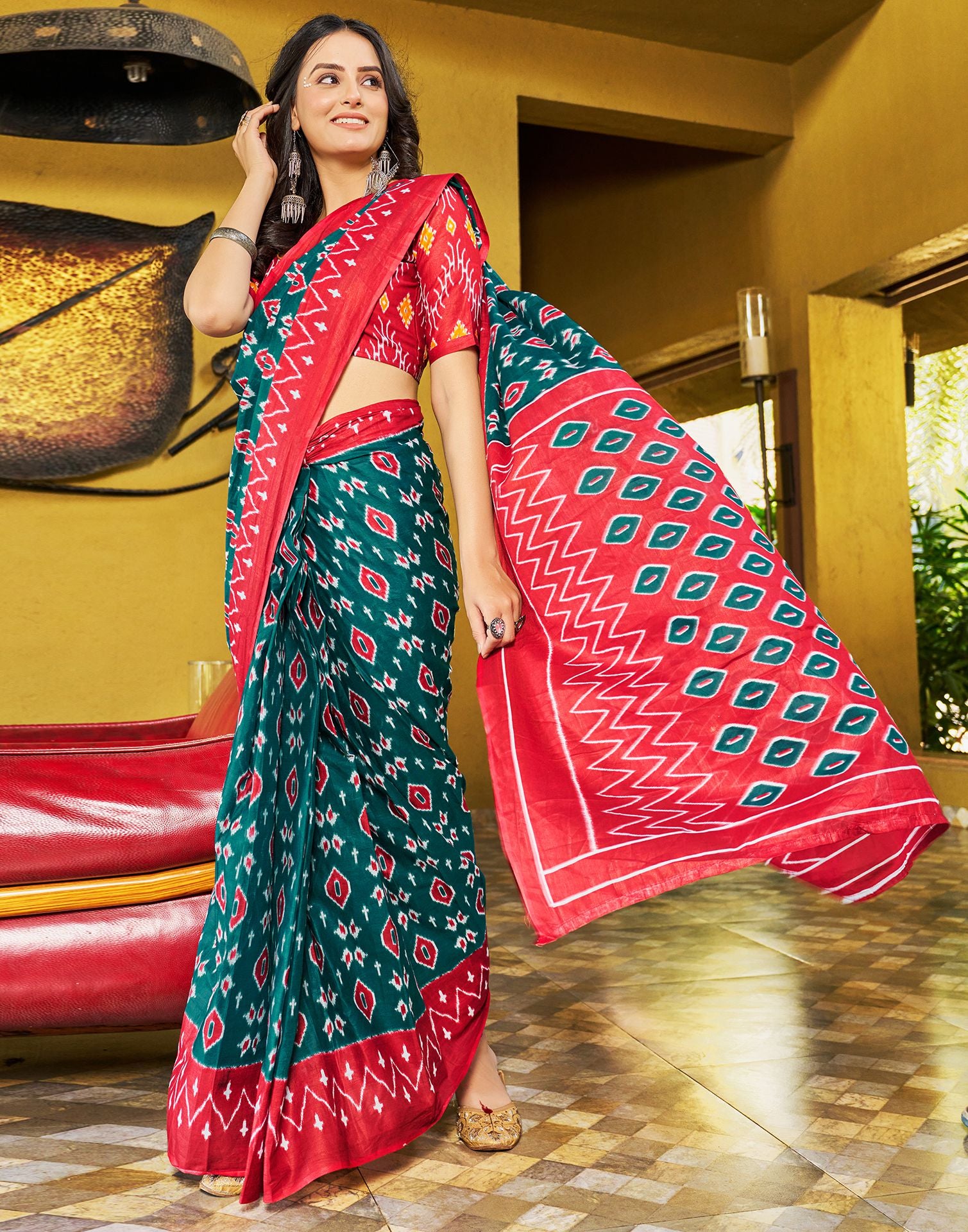 Ready to Wear Dull Rama Printed Cotton Saree