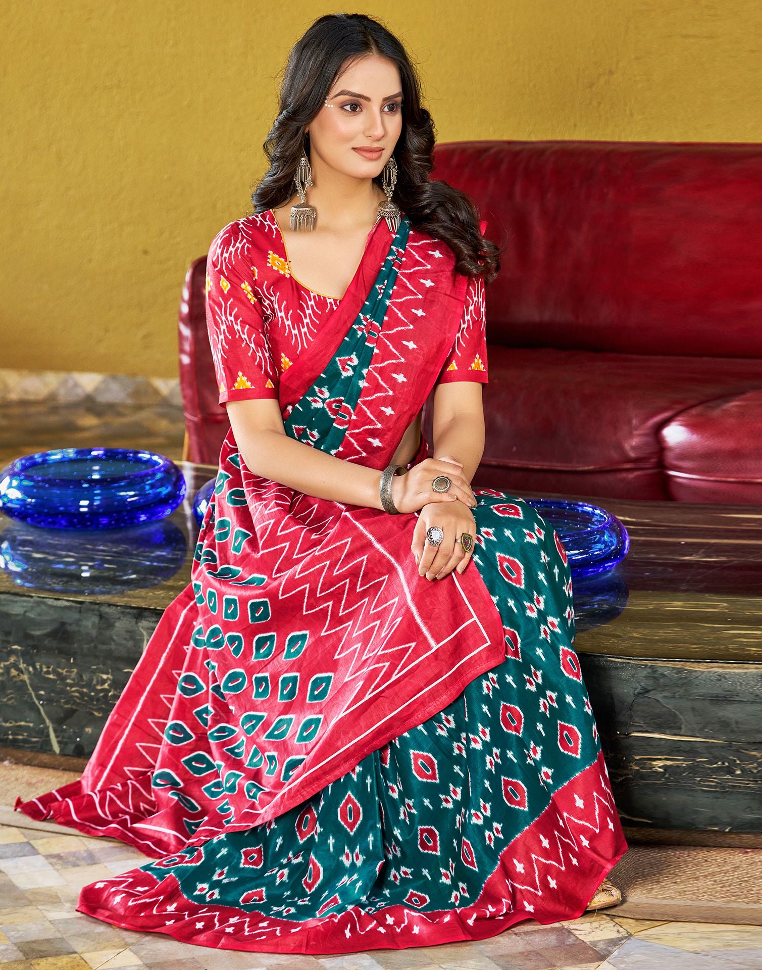 Ready to Wear Dull Rama Printed Cotton Saree