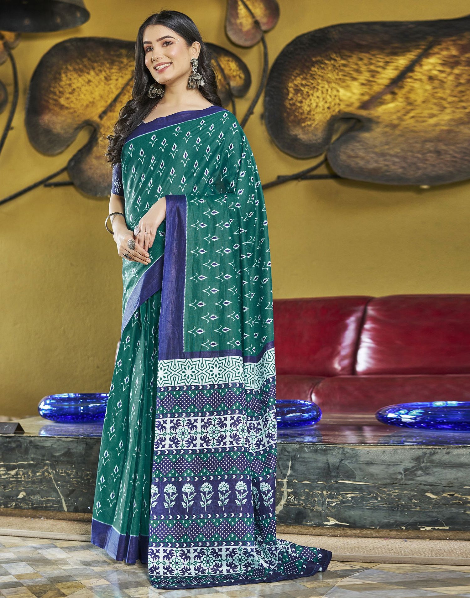 Ready to Wear Rama Green Printed Cotton Saree