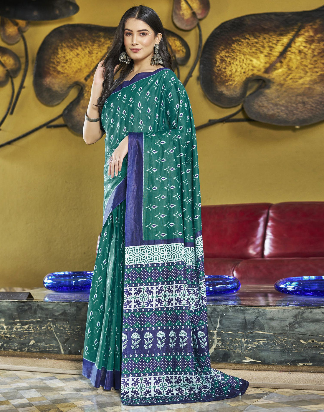 Ready to Wear Rama Green Printed Cotton Saree