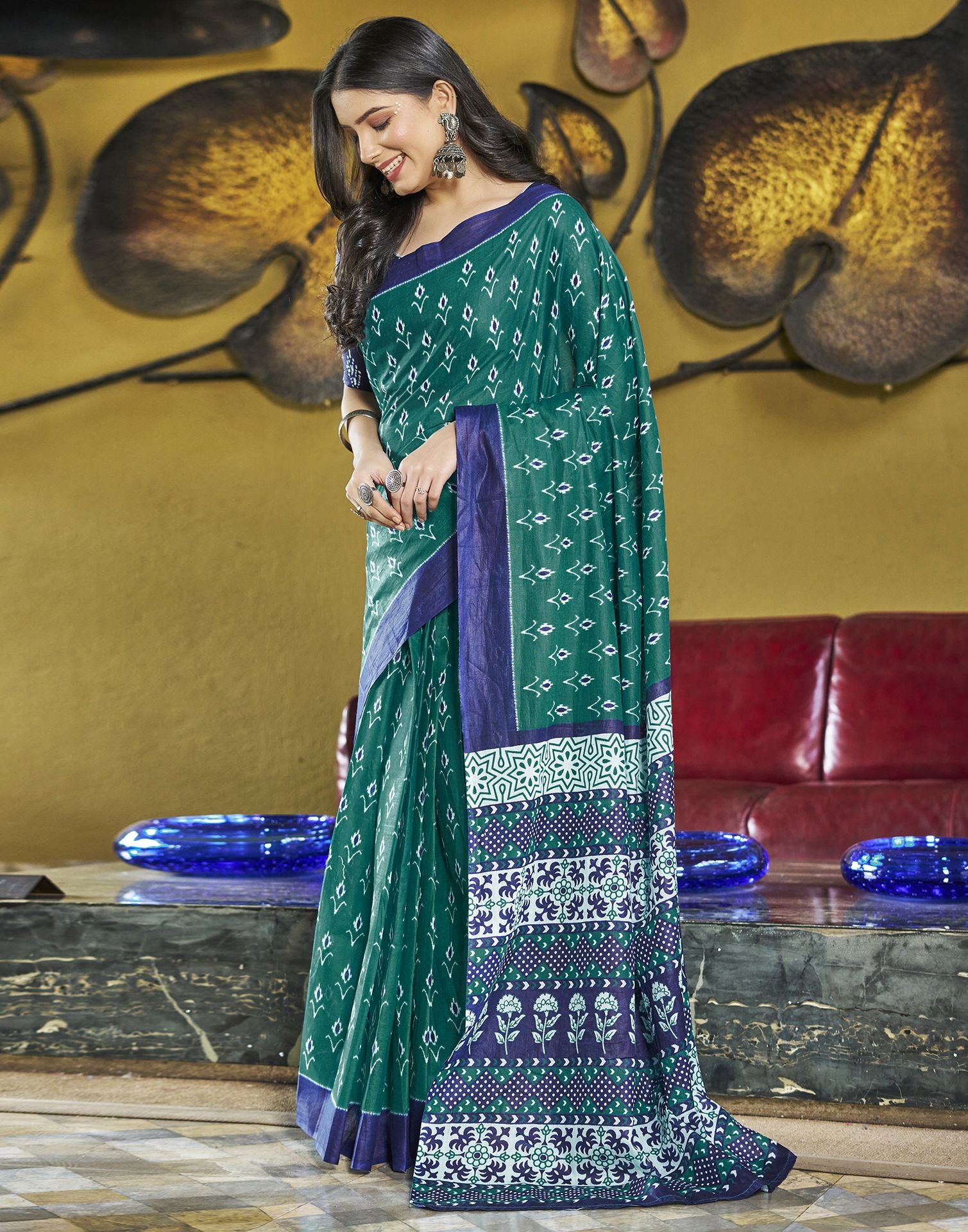 Ready to Wear Rama Green Printed Cotton Saree