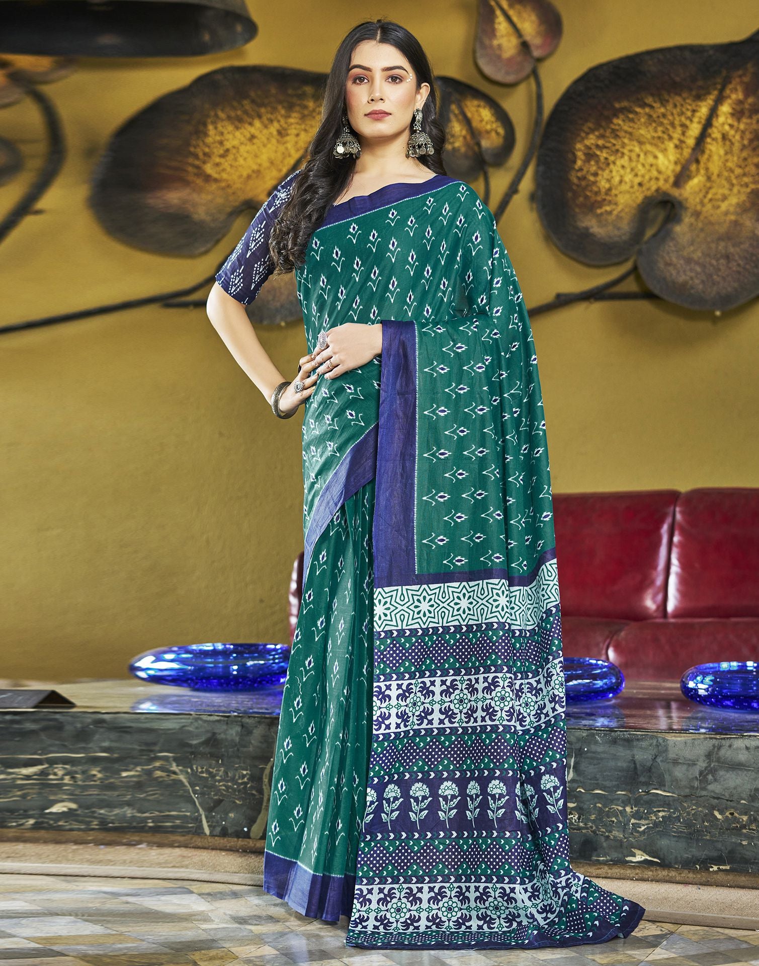 Ready to Wear Rama Green Printed Cotton Saree