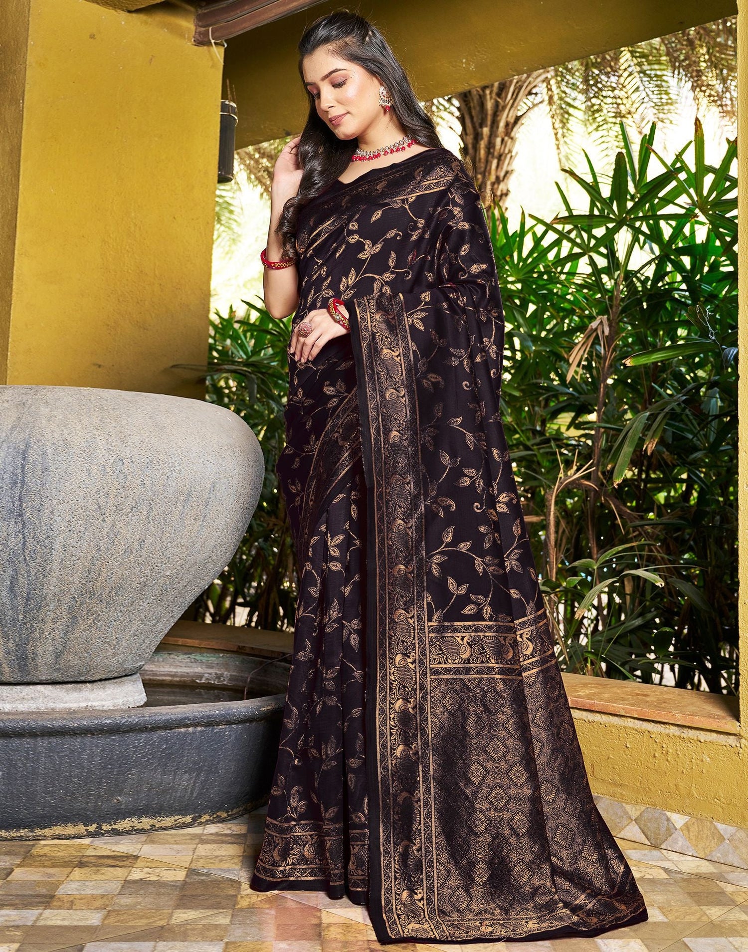 Black Floral Banarasi Silk Saree