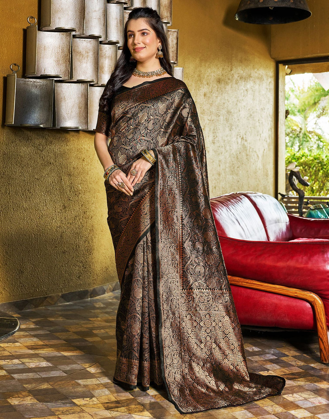 Black and Copper Banarasi Silk Saree
