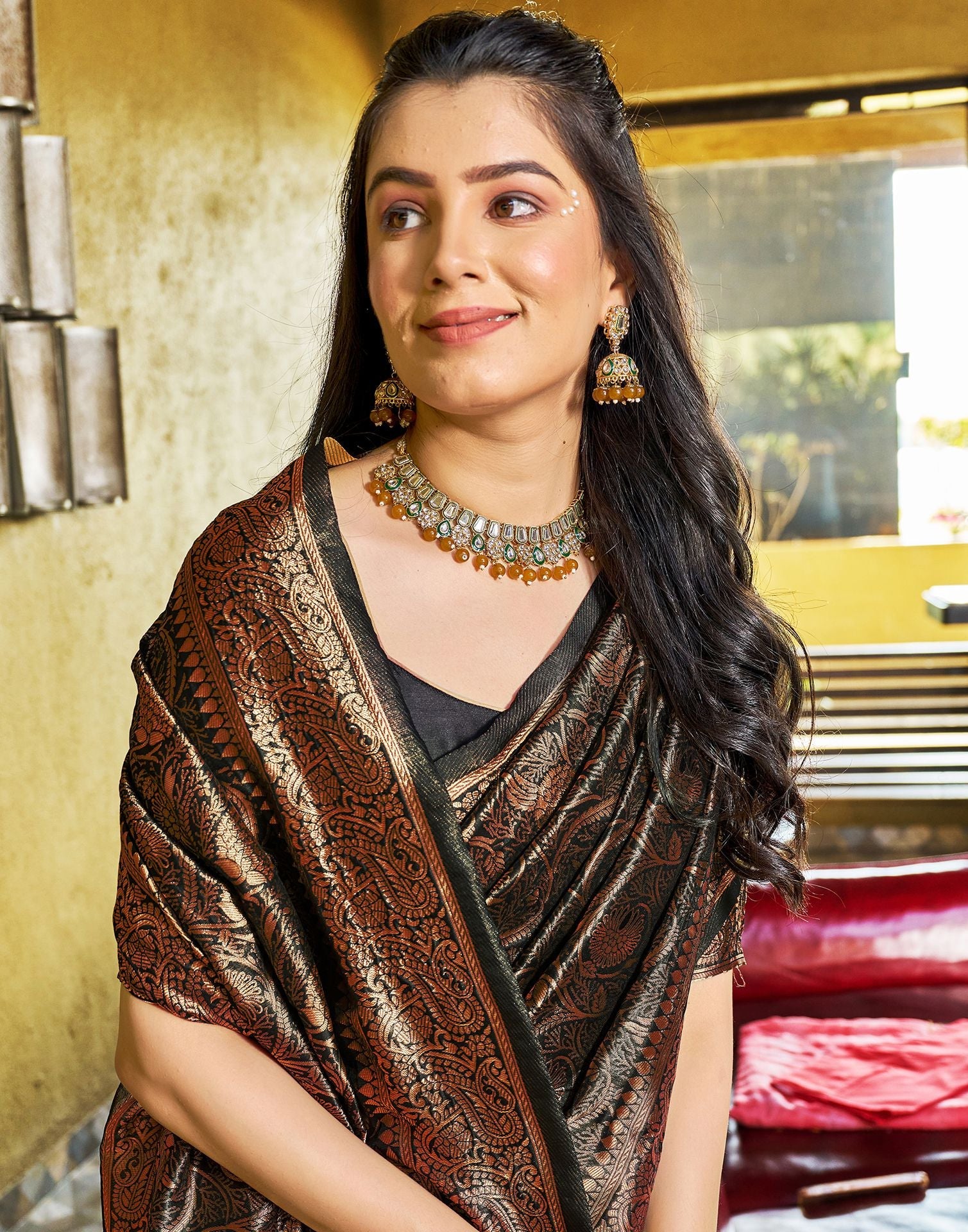 Black and Copper Banarasi Silk Saree