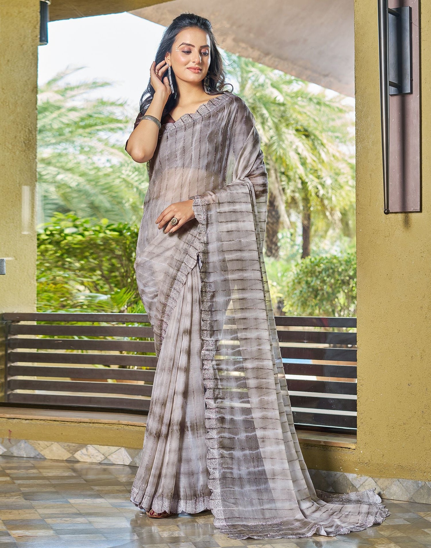 Light Brown Printed Chiffon Saree