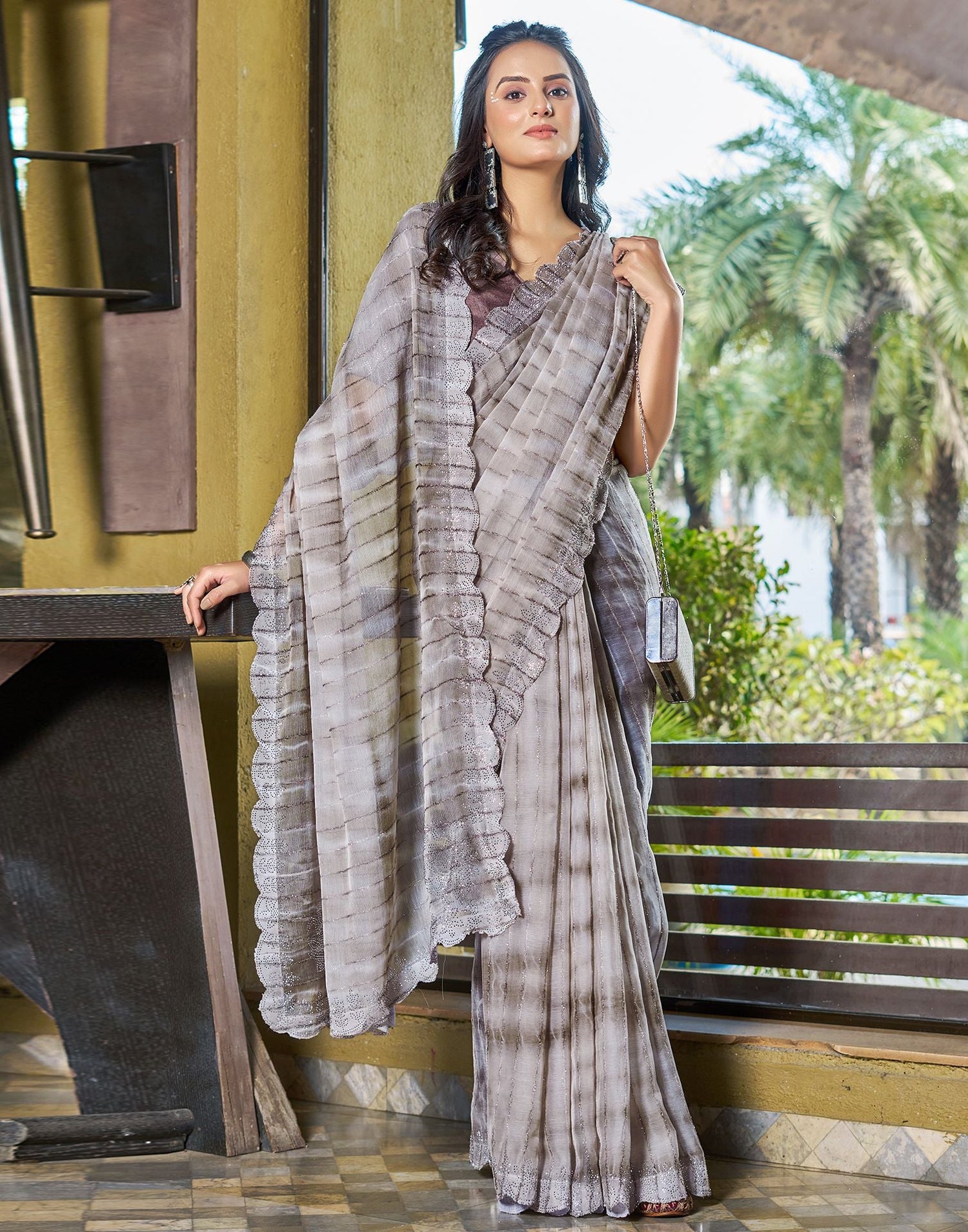 Light Brown Printed Chiffon Saree