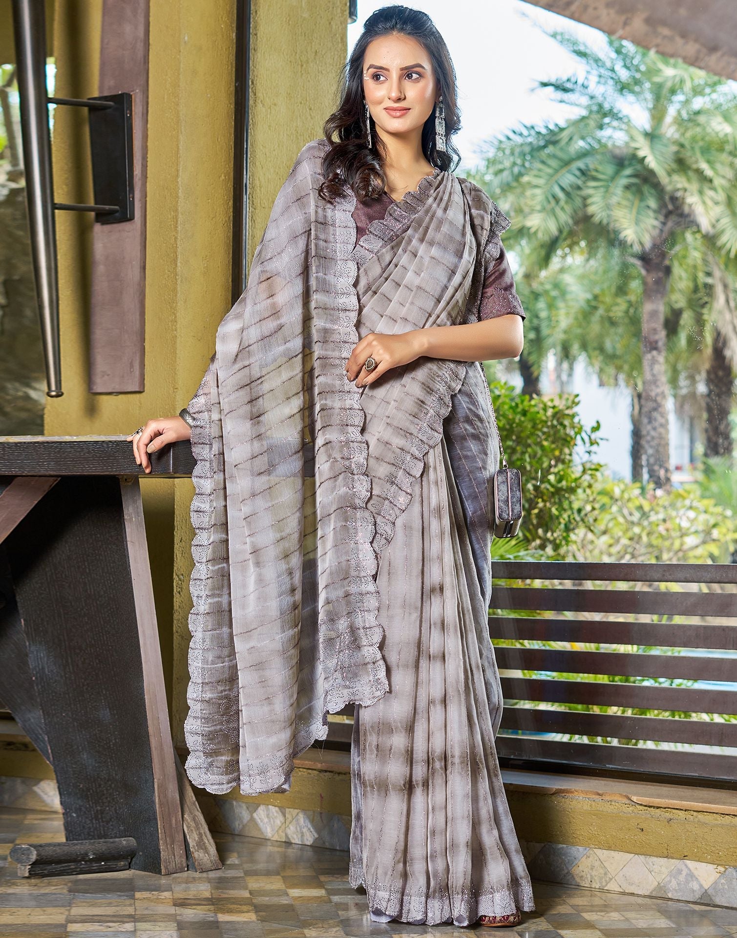 Light Brown Printed Chiffon Saree