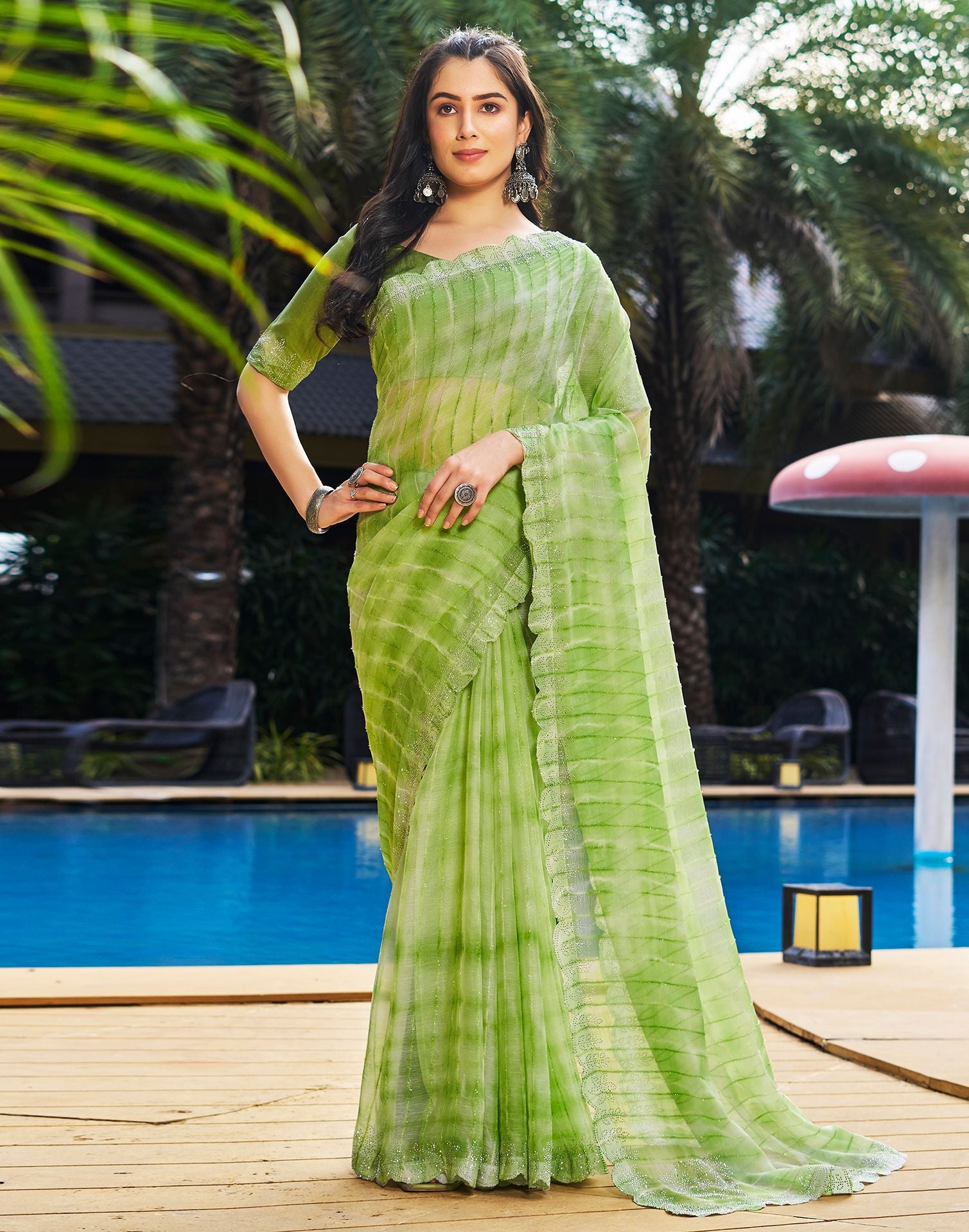 Light Green Printed Chiffon Saree