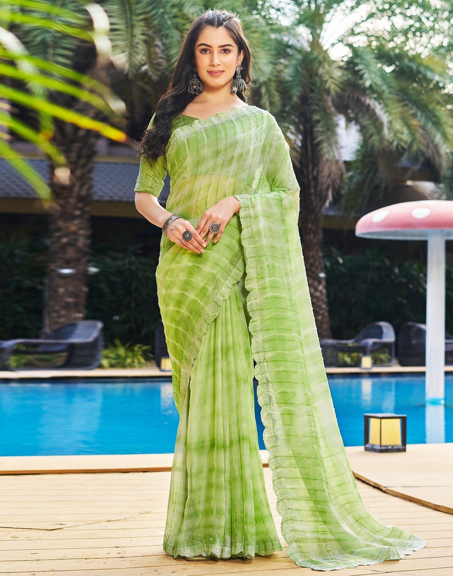 Light Green Printed Chiffon Saree