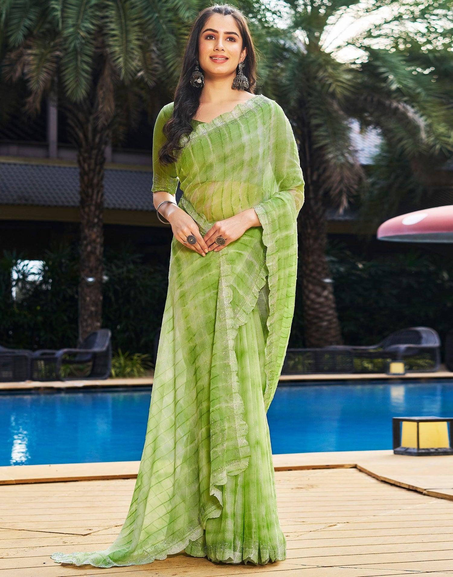 Light Green Printed Chiffon Saree