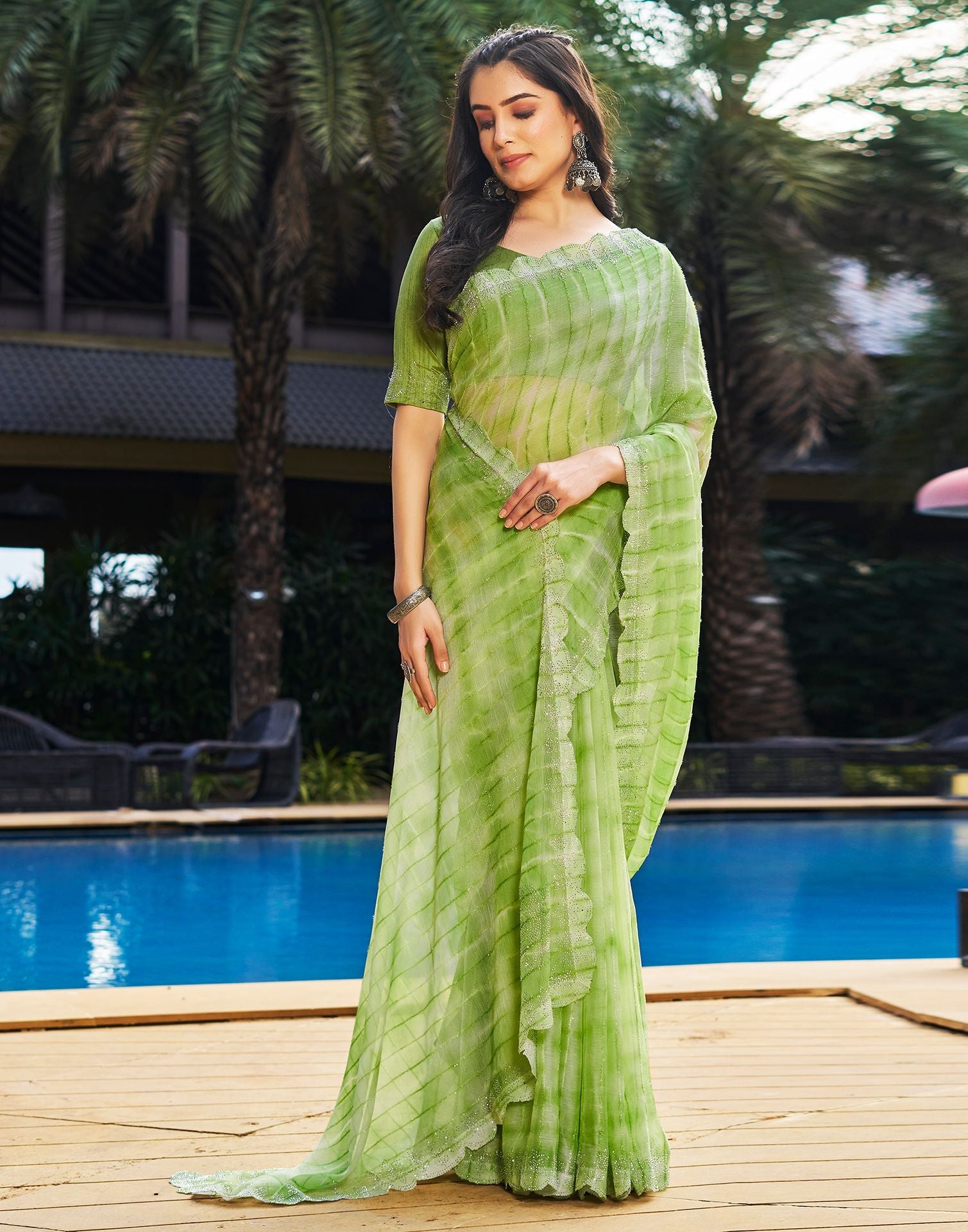 Light Green Printed Chiffon Saree