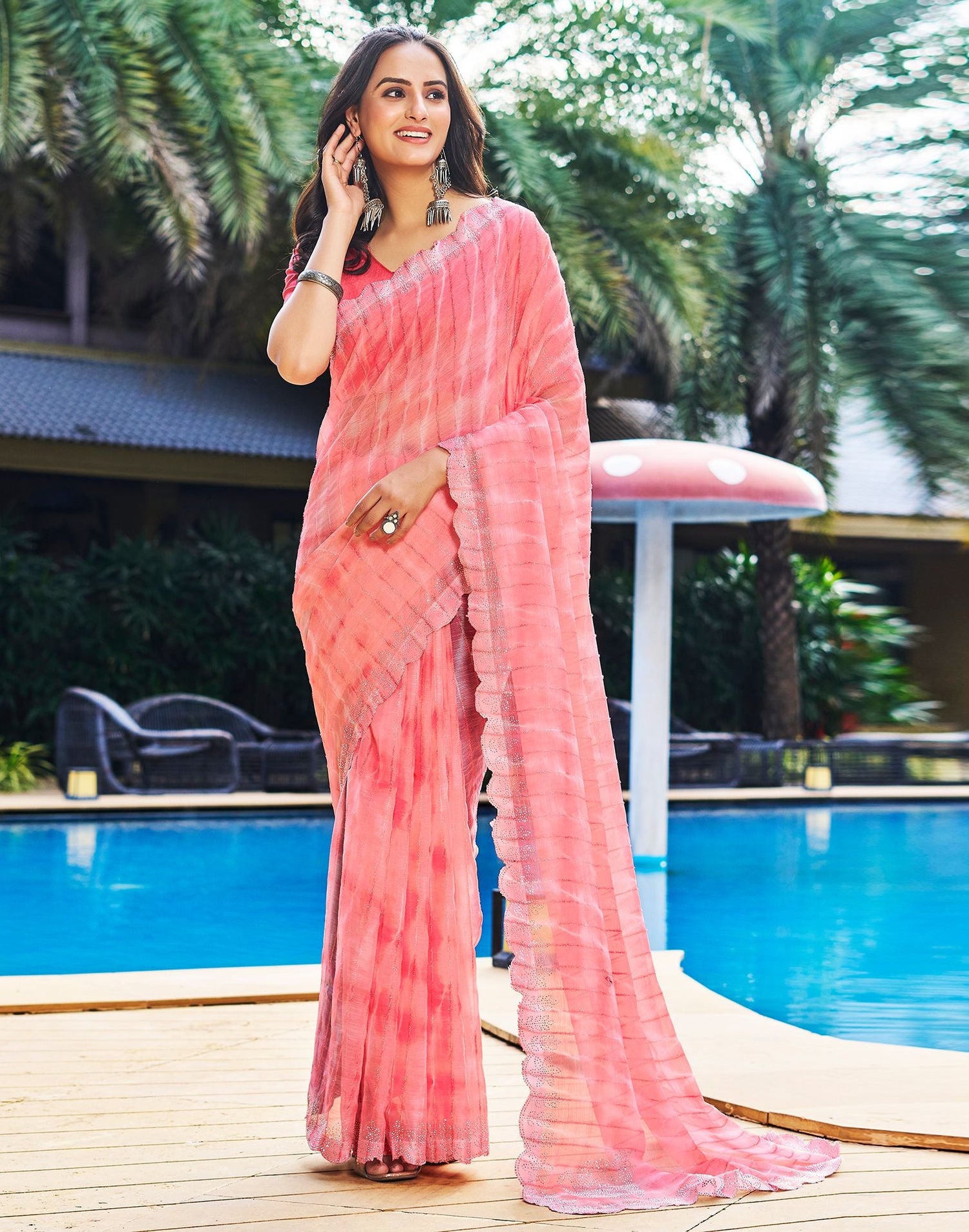 Rose Pink Printed Chiffon Saree