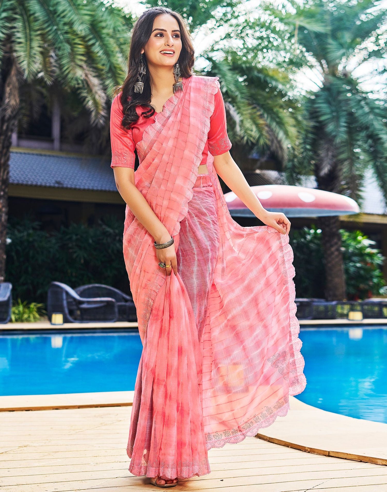 Rose Pink Printed Chiffon Saree