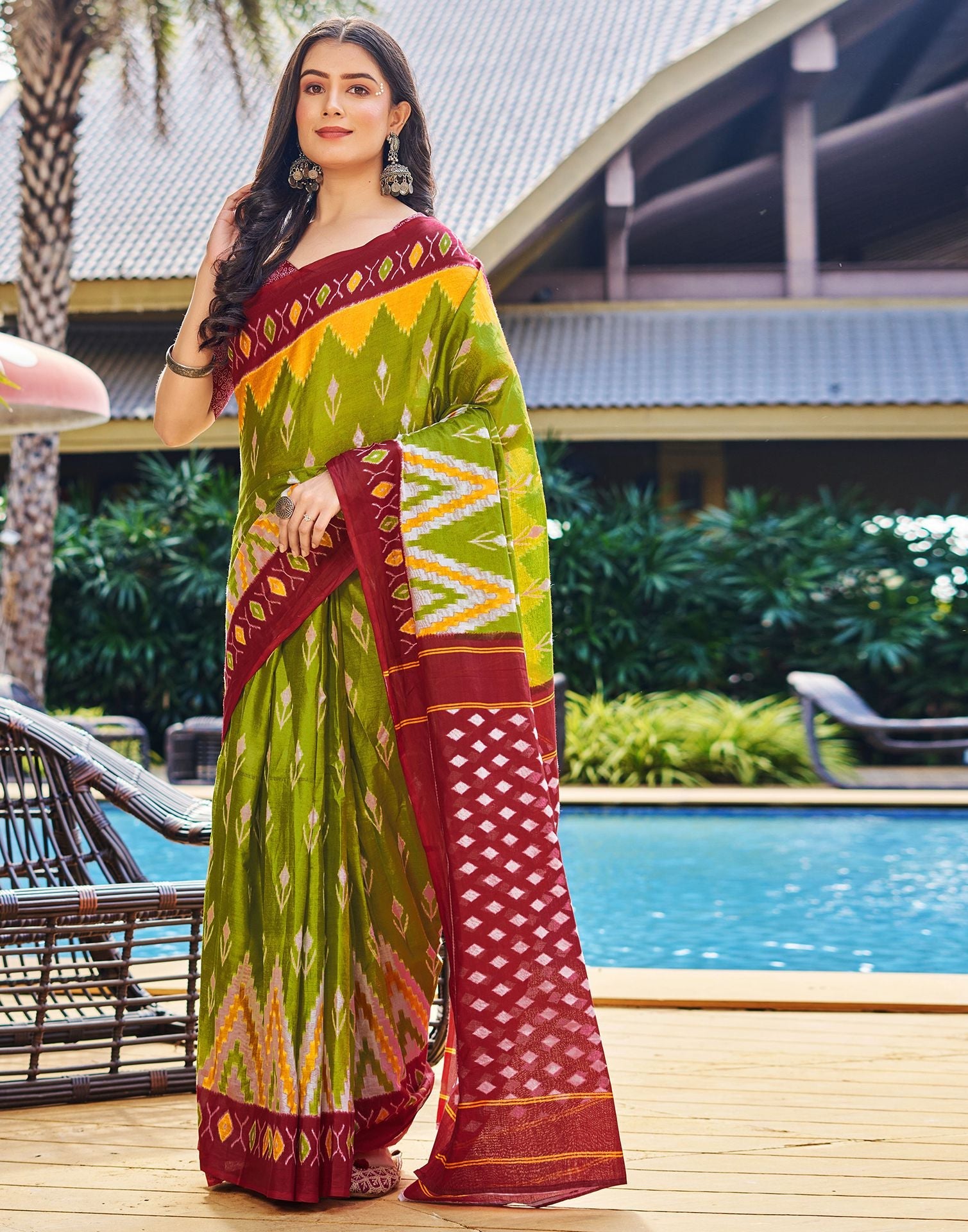 Ready to Wear Light Olive Green Printed Cotton Saree