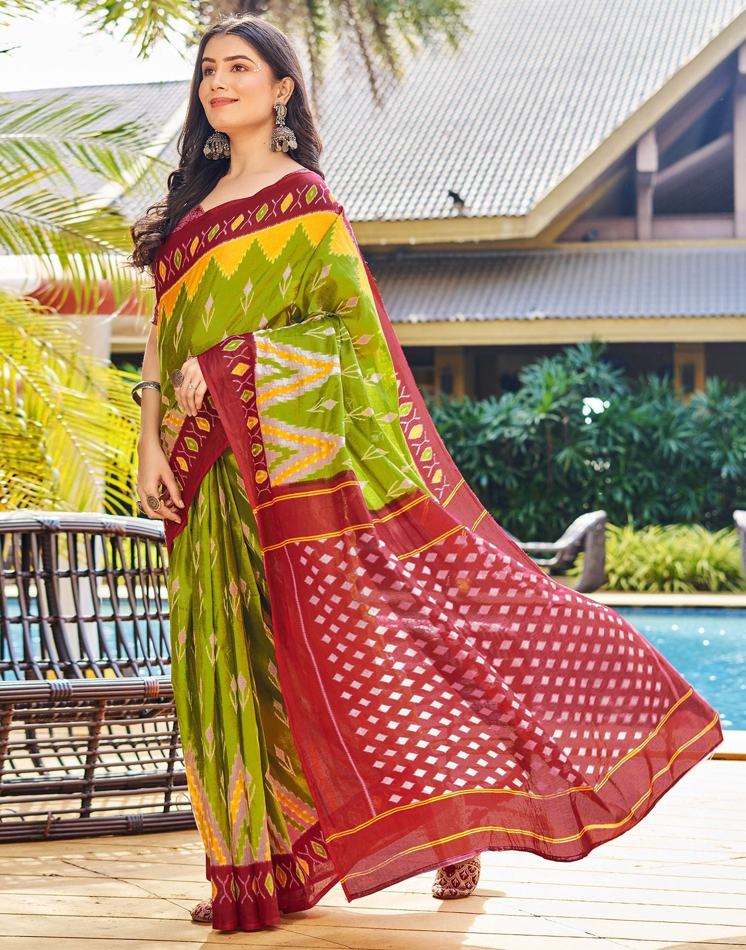 Ready to Wear Light Olive Green Printed Cotton Saree