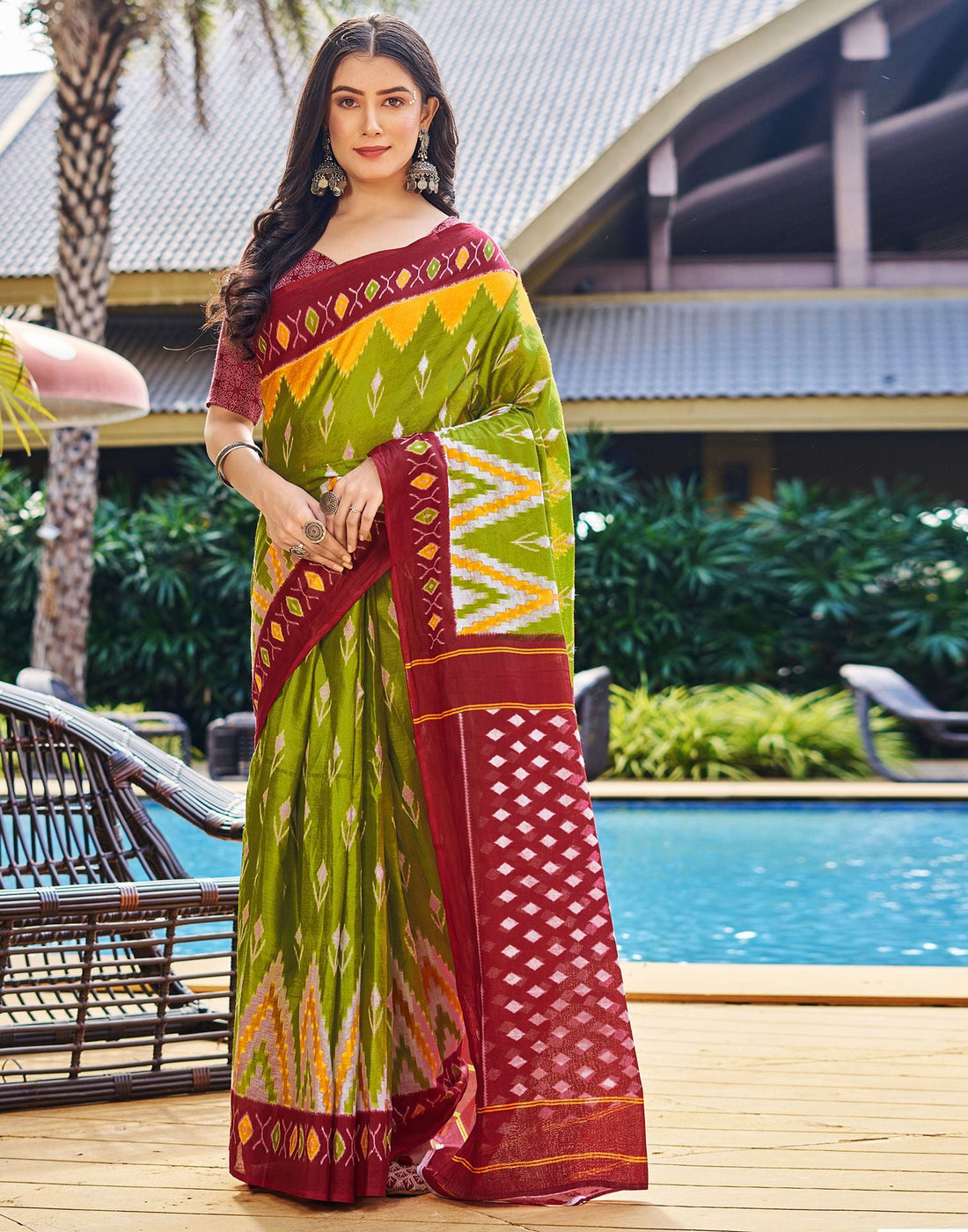Light Olive Green Printed Cotton Ready to Wear Saree