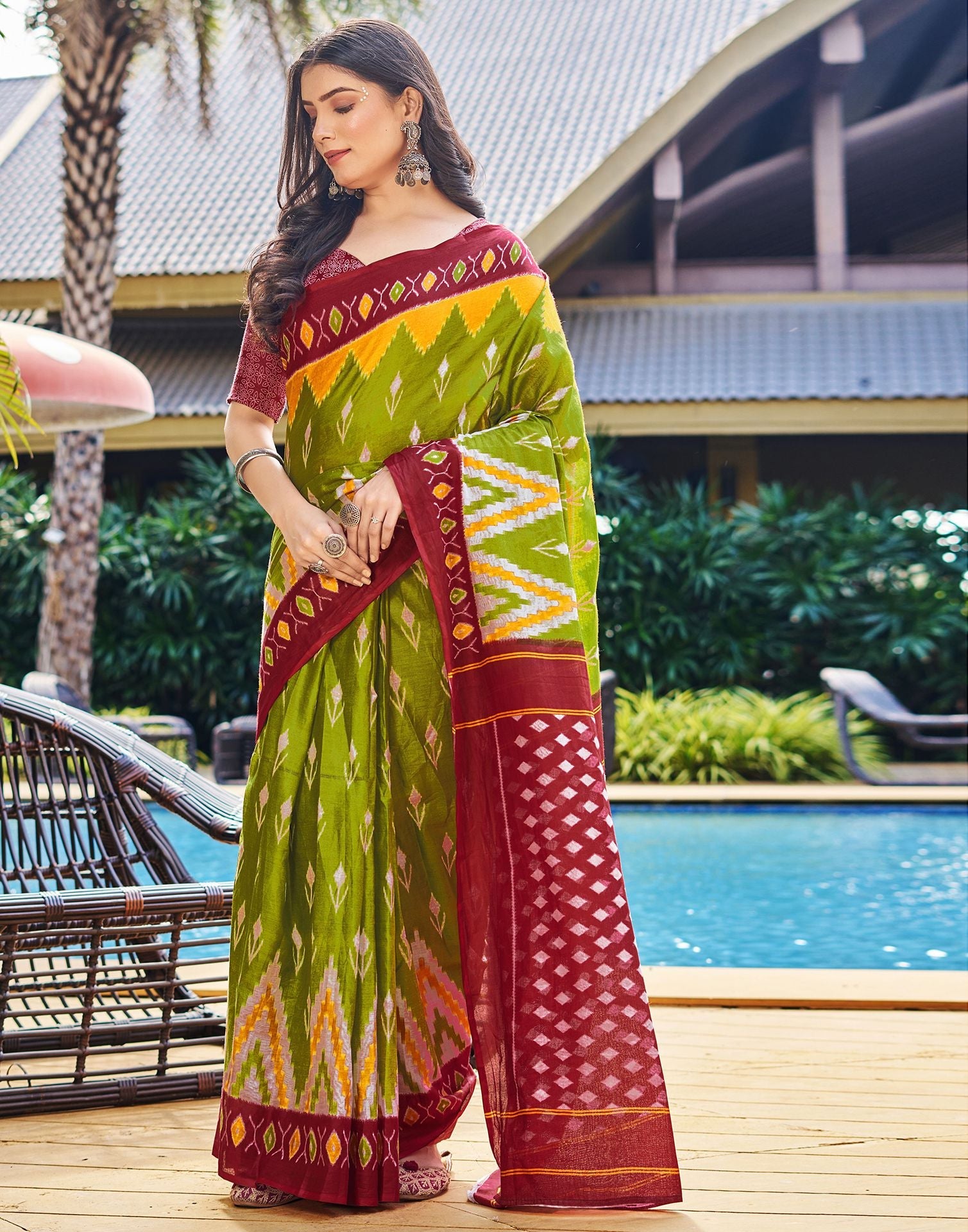 Ready to Wear Light Olive Green Printed Cotton Saree