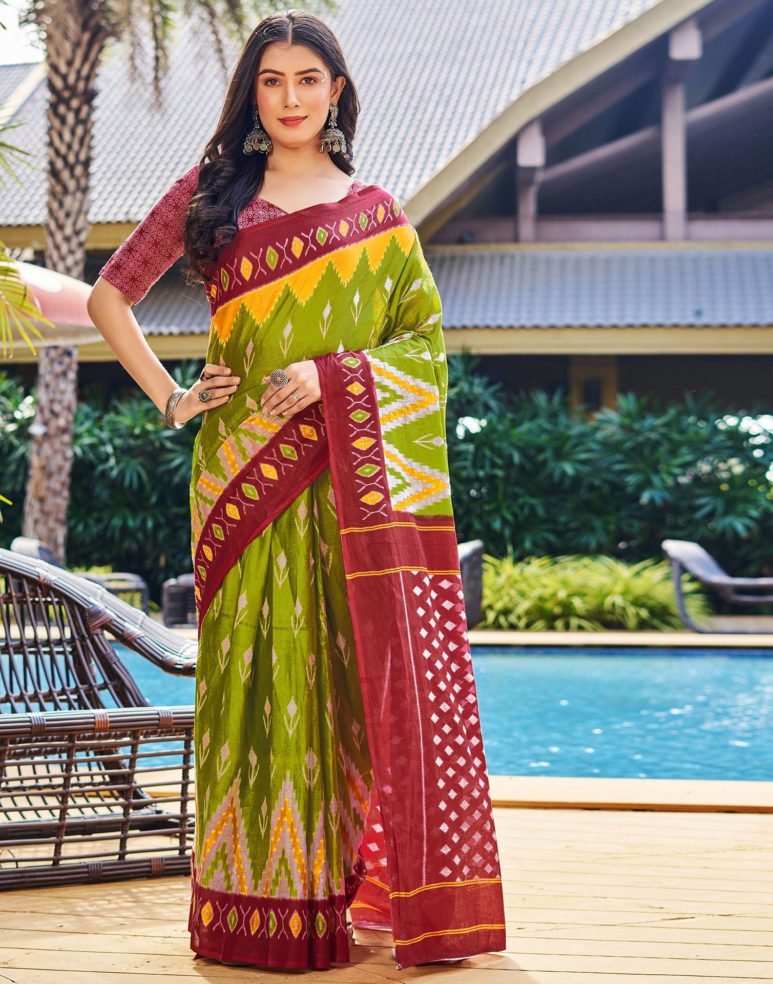 Ready to Wear Light Olive Green Printed Cotton Saree