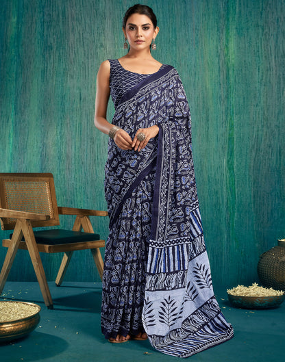 Ready to Wear Dark Blue Printed Cotton Saree