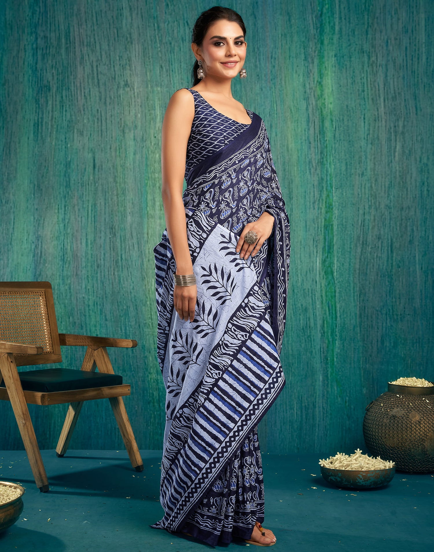 Ready to Wear Dark Blue Printed Cotton Saree