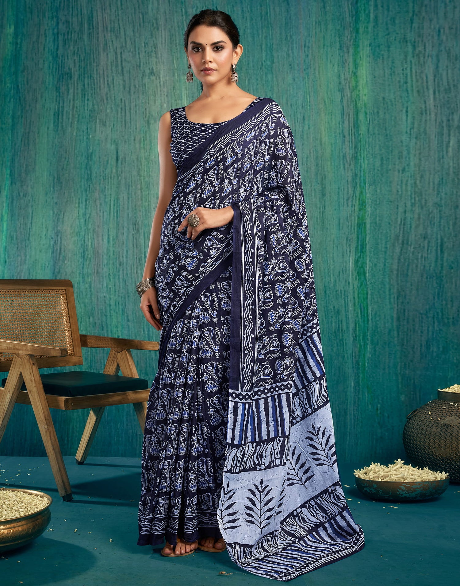 Ready to Wear Dark Blue Printed Cotton Saree