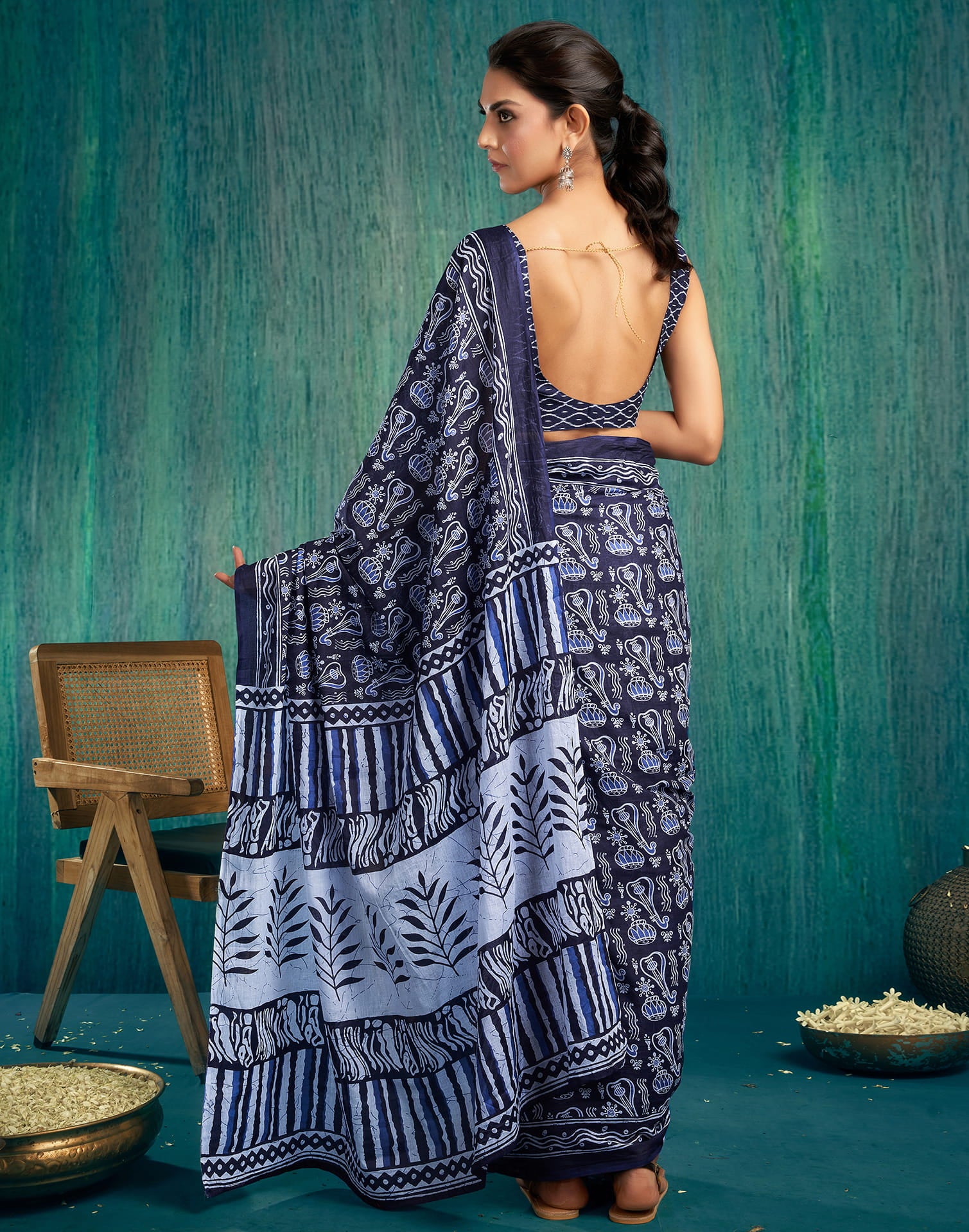 Ready to Wear Dark Blue Printed Cotton Saree