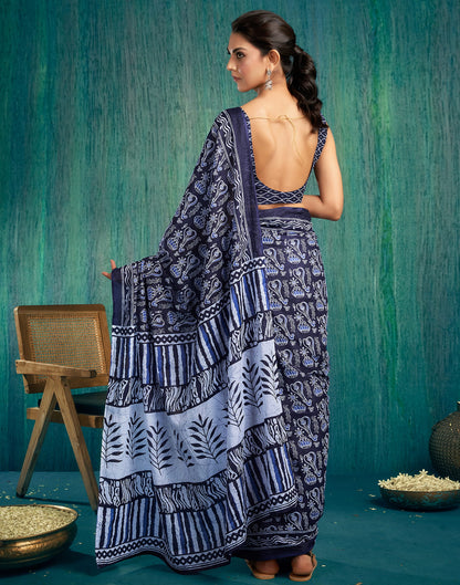 Ready to Wear Dark Blue Printed Cotton Saree