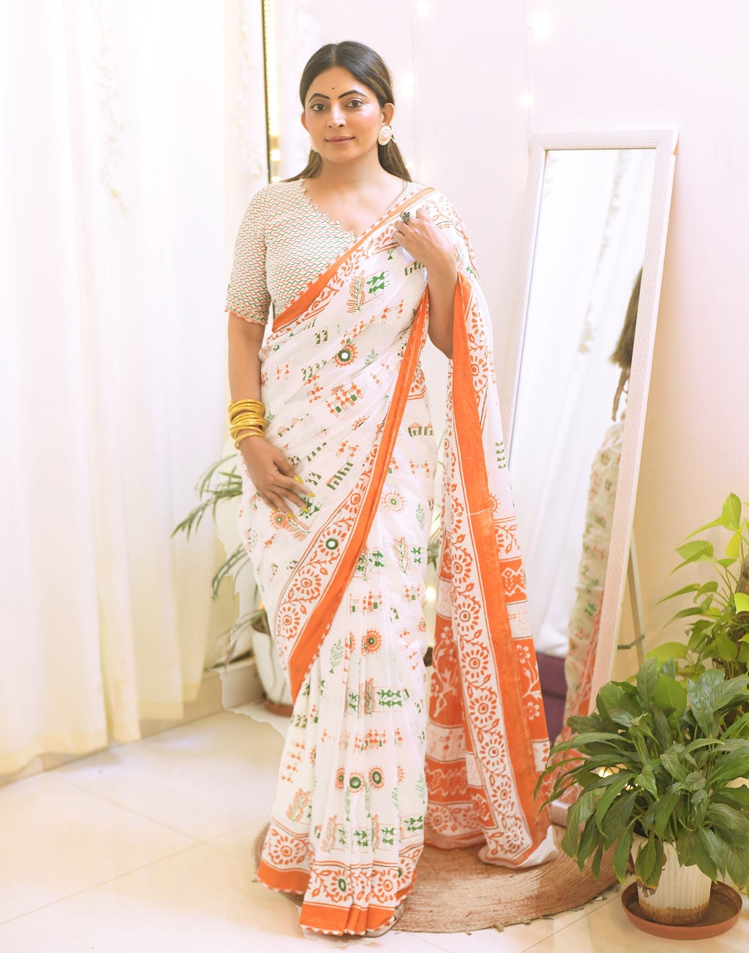 Ready to Wear White Printed Cotton Saree