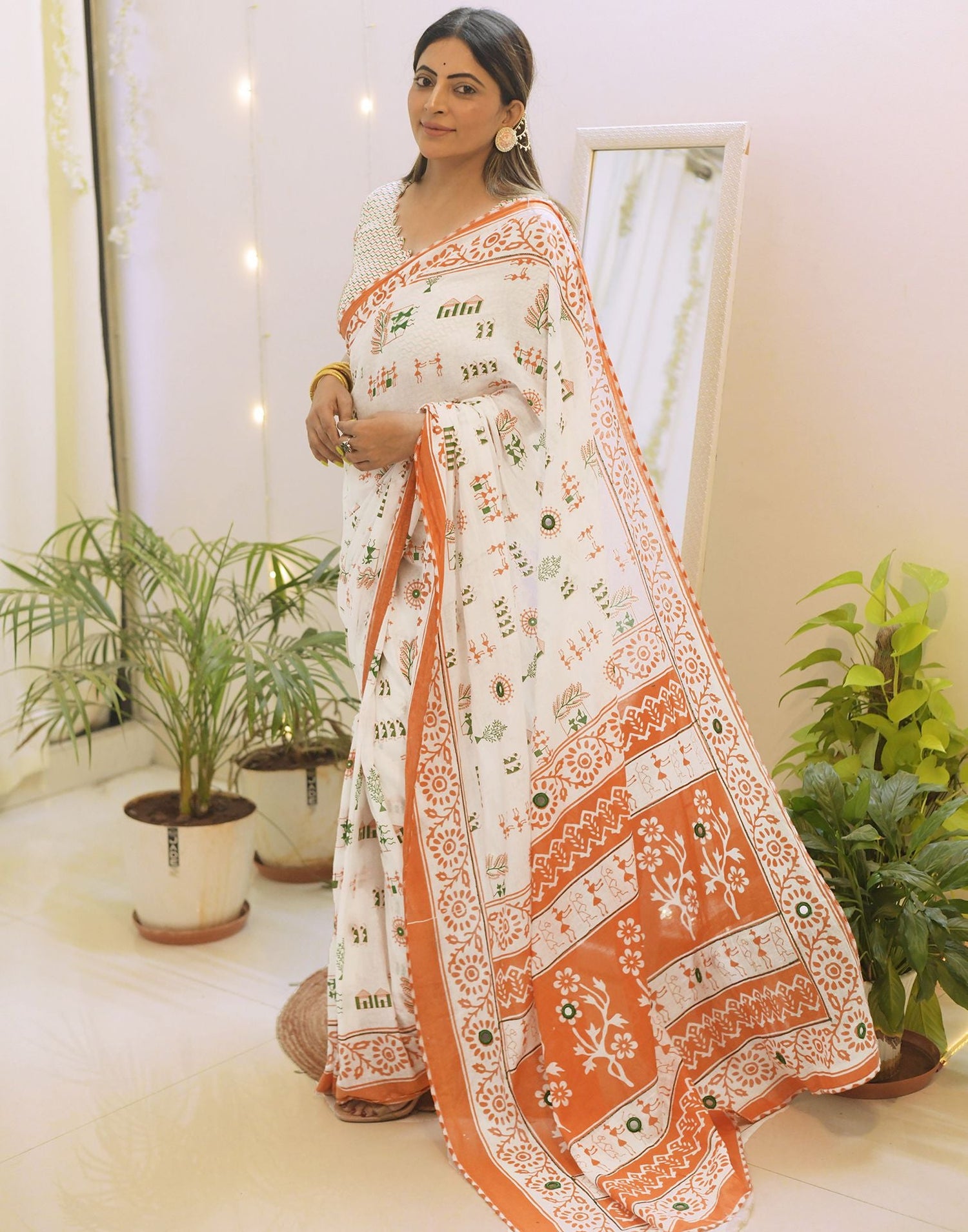 Ready to Wear White Printed Cotton Saree