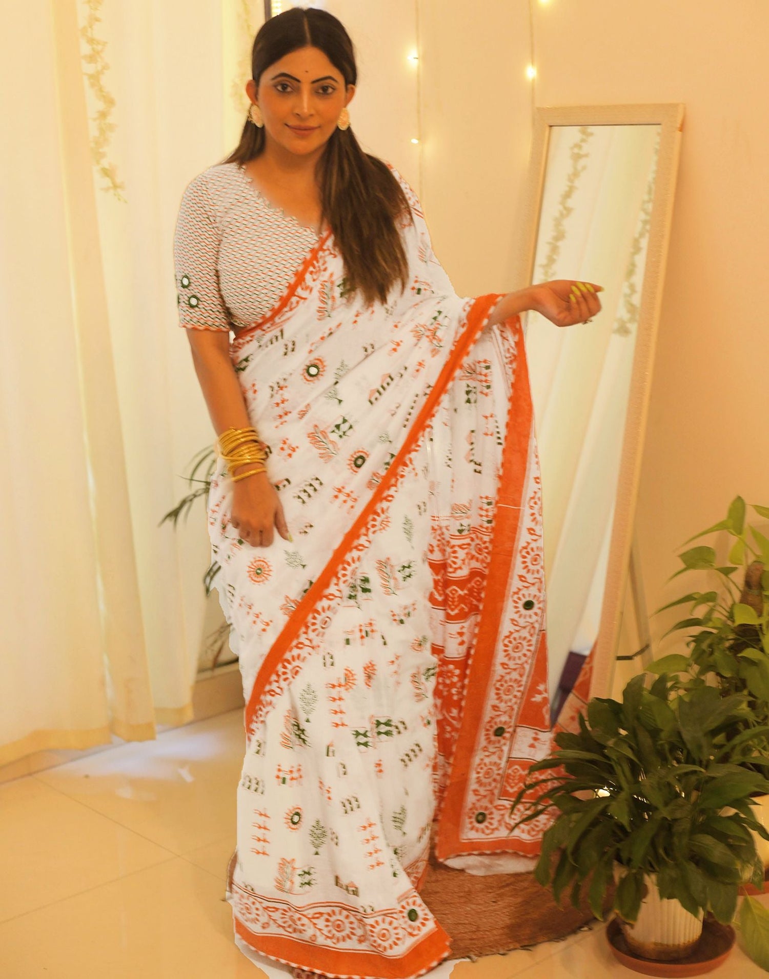 Ready to Wear White Printed Cotton Saree