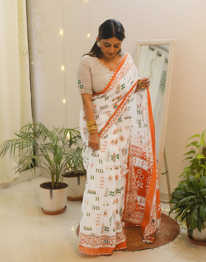 Ready to Wear White Printed Cotton Saree