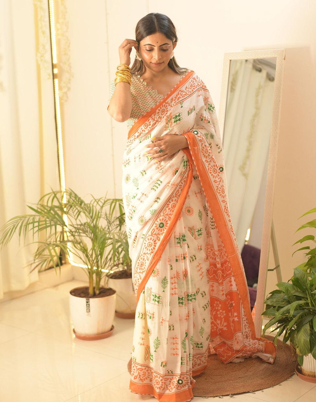 Ready to Wear White Printed Cotton Saree