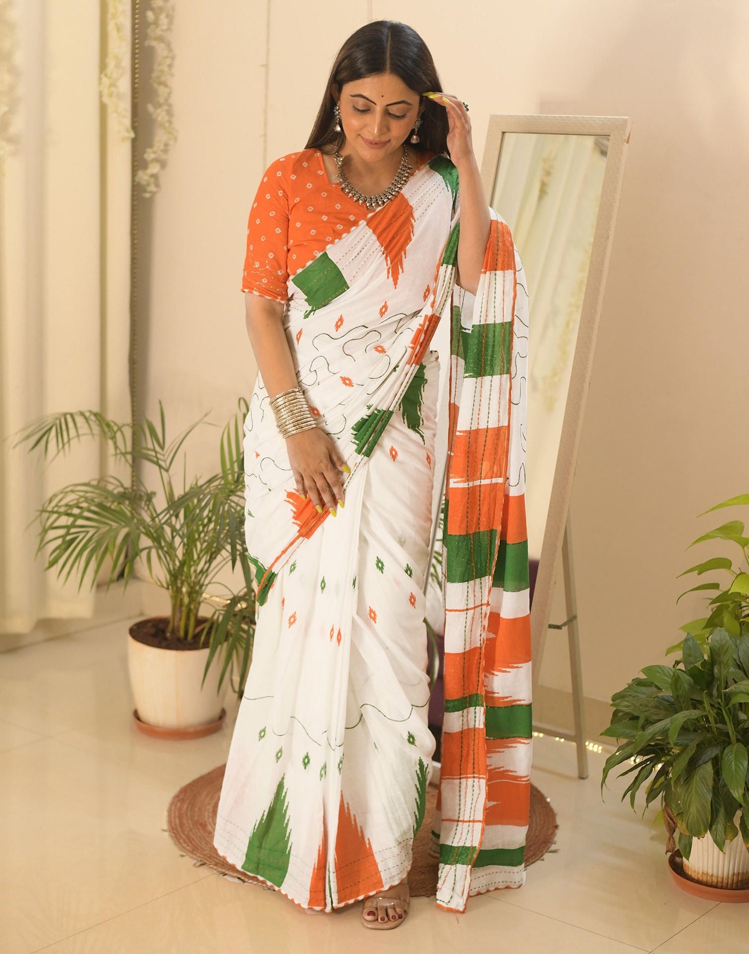 Ready to Wear White Printed Cotton Saree