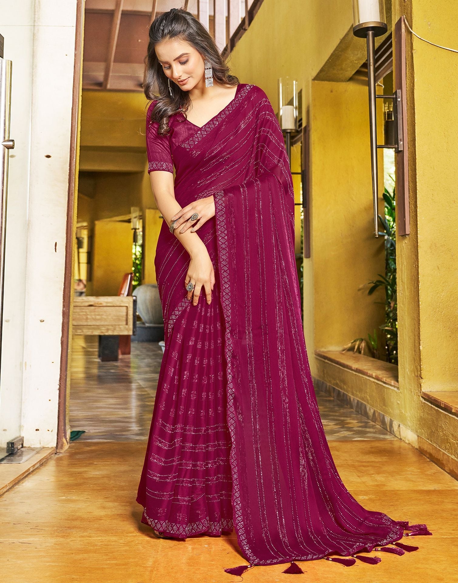 Rani Pink Plain Chiffon Saree