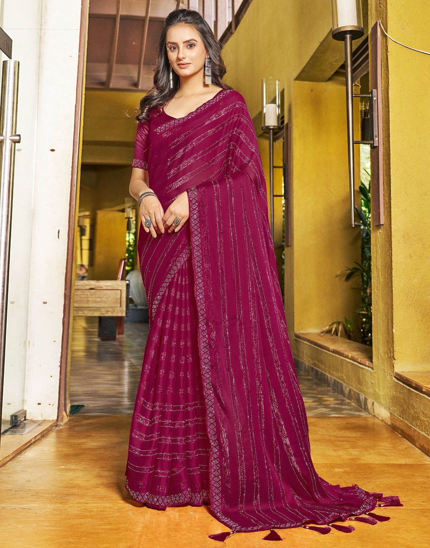 Rani Pink Plain Chiffon Saree