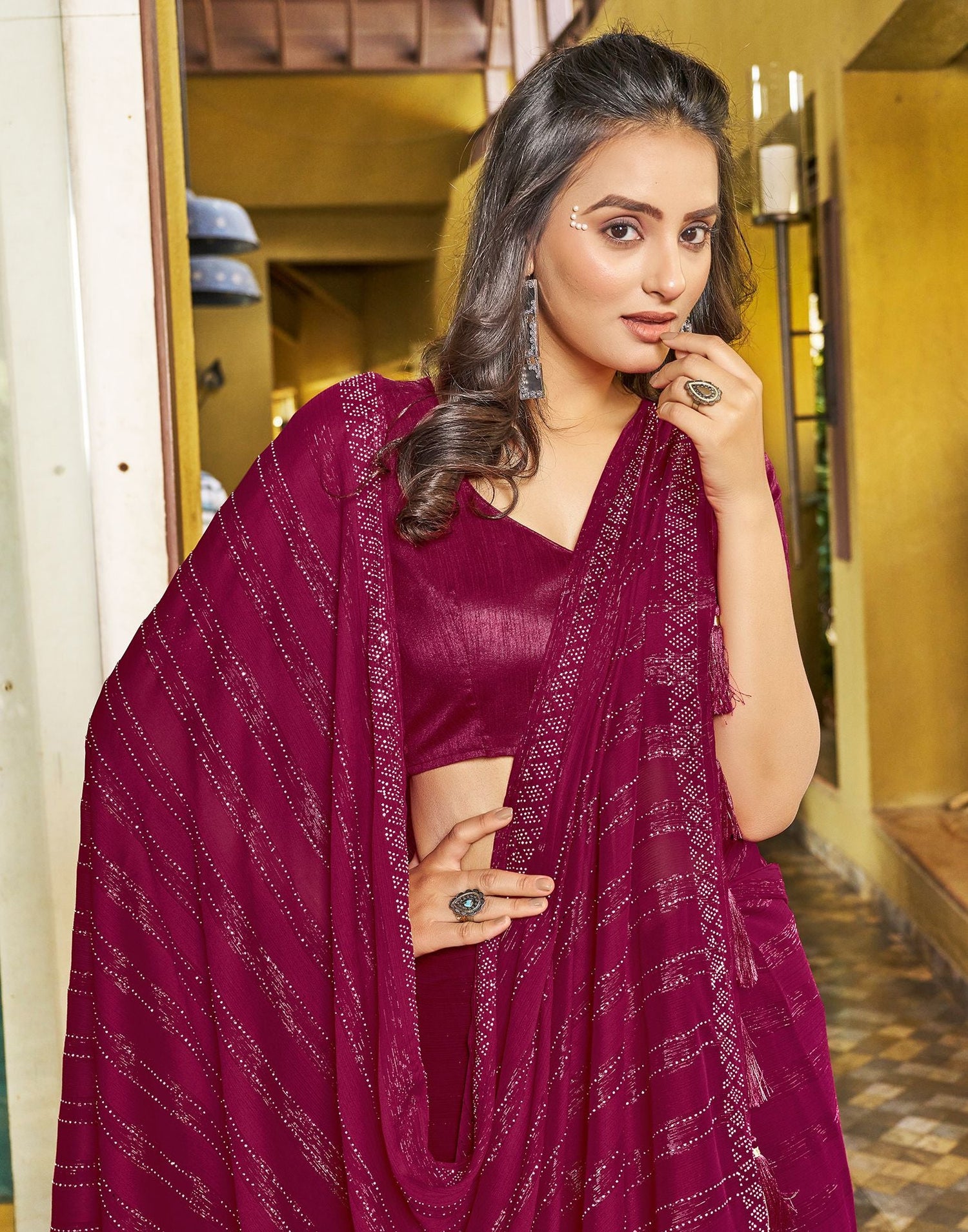 Rani Pink Plain Chiffon Saree