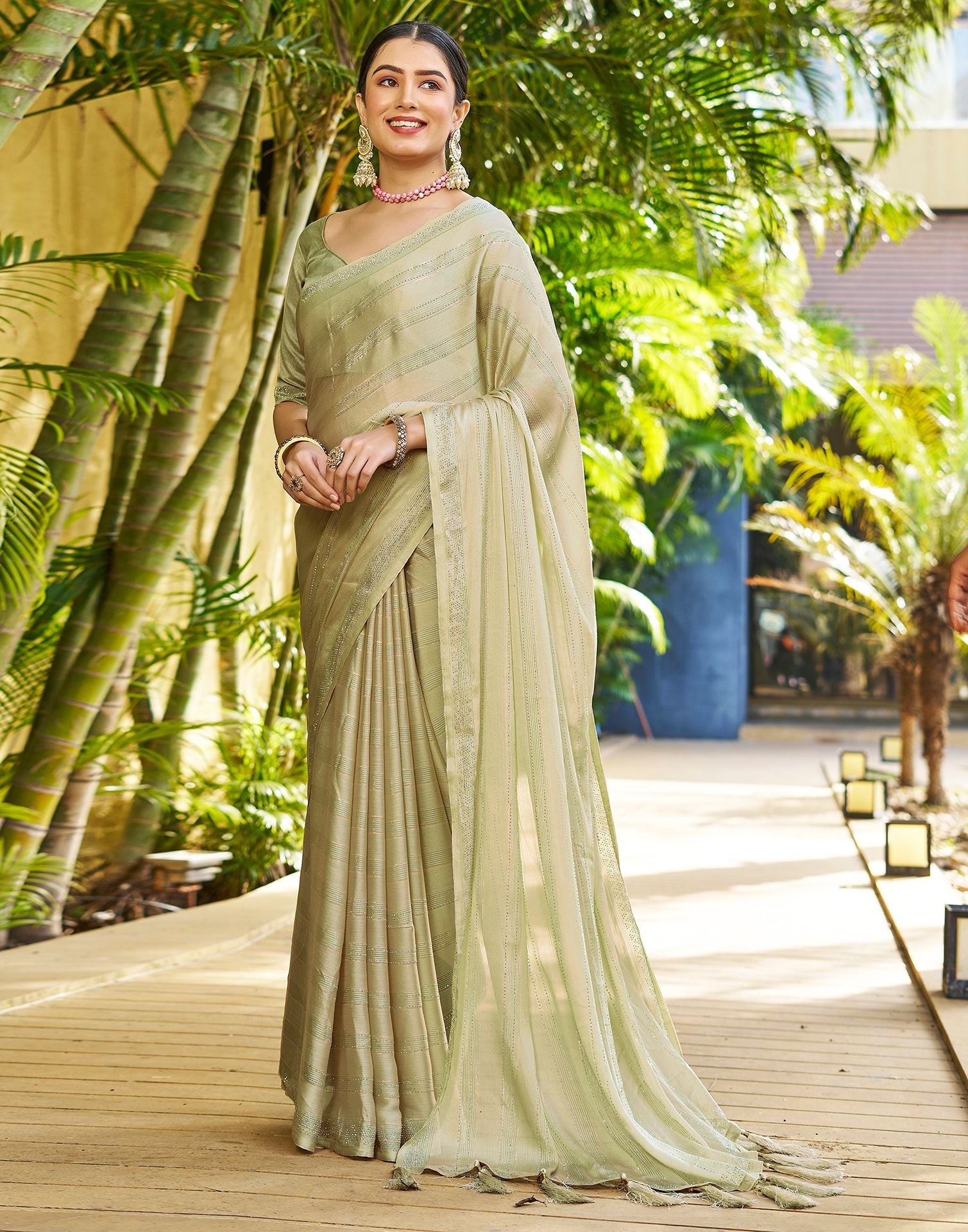 Beige Plain Chiffon Saree