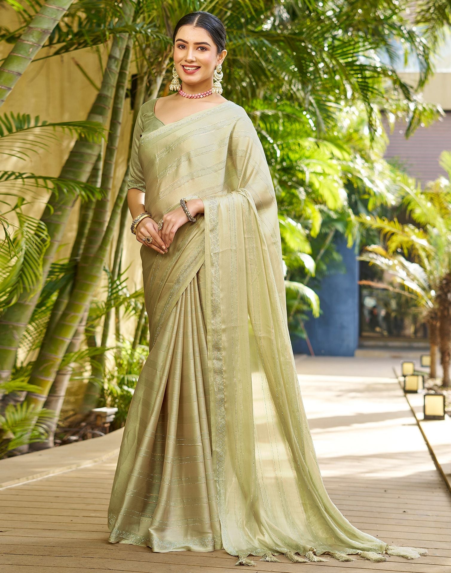 Beige Plain Chiffon Saree