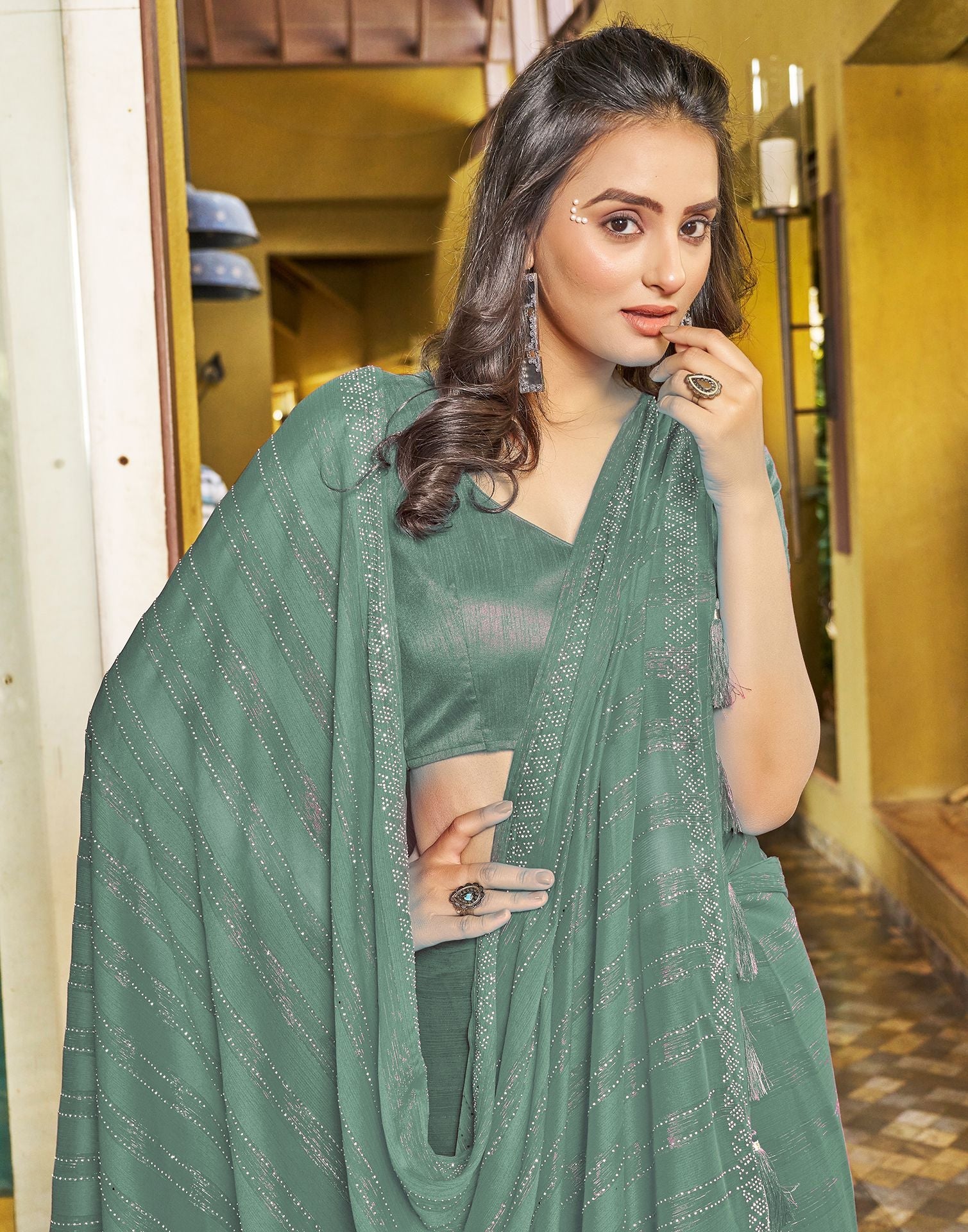 Pastel Green Plain Chiffon Saree