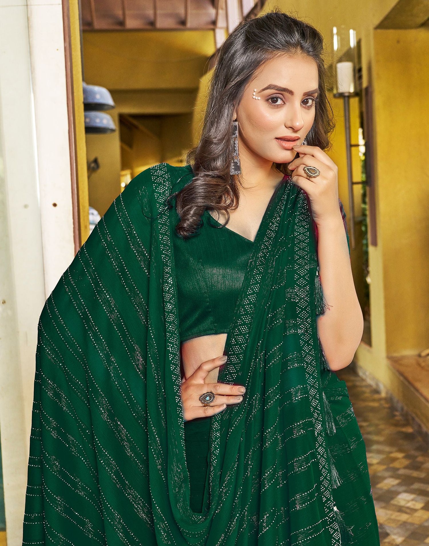 Dark Green Plain Chiffon Saree