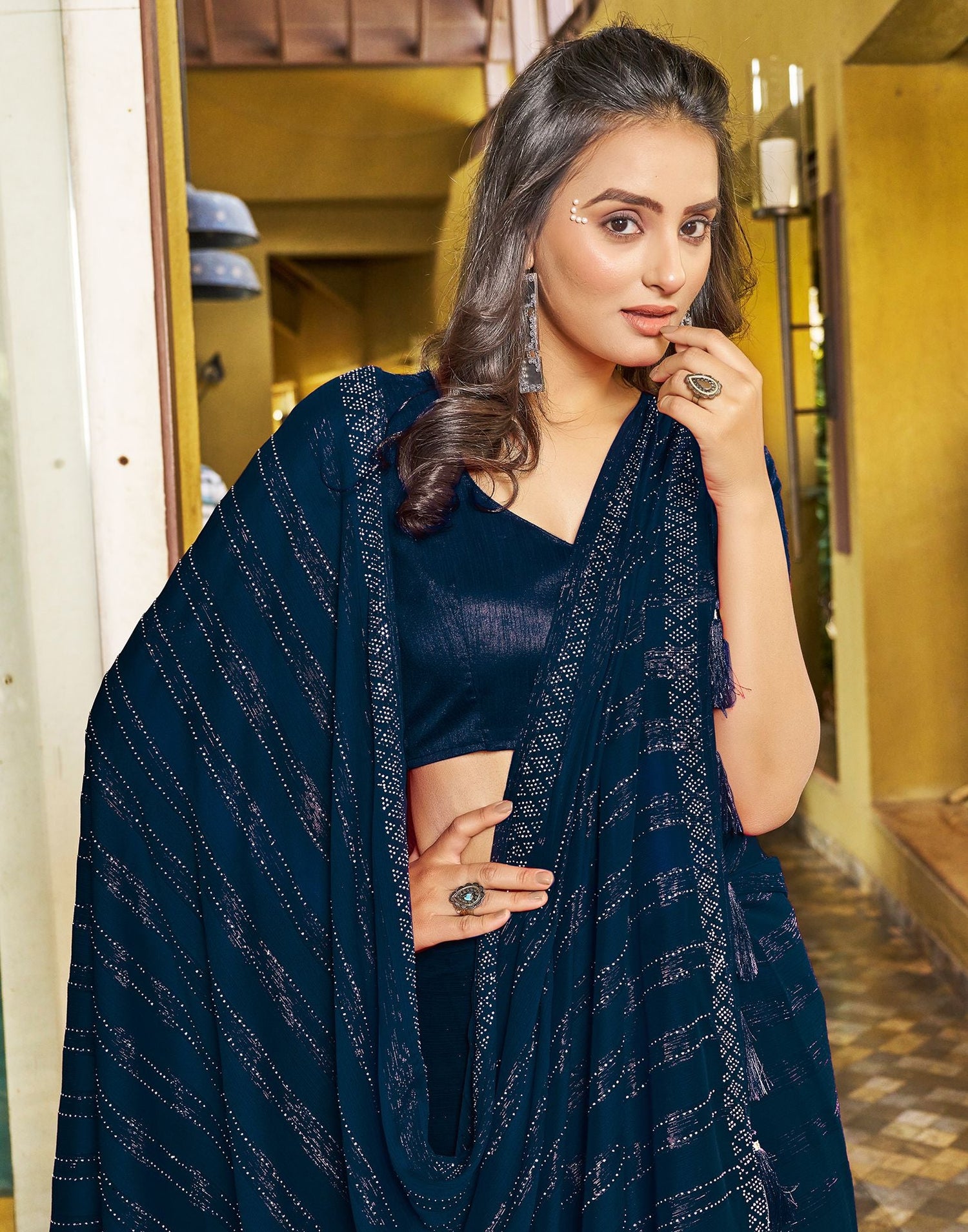 Navy Blue Plain Chiffon Saree