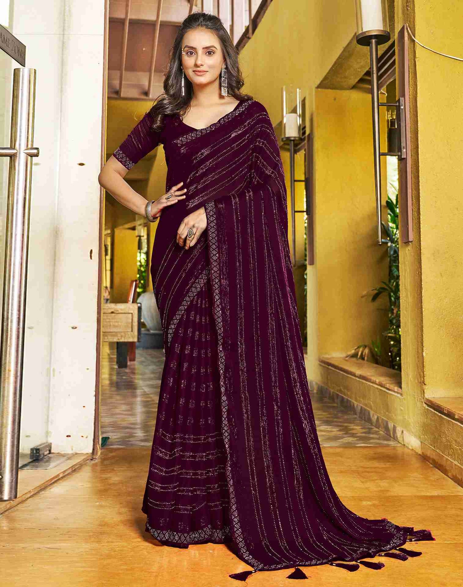 Wine Plain Chiffon Saree